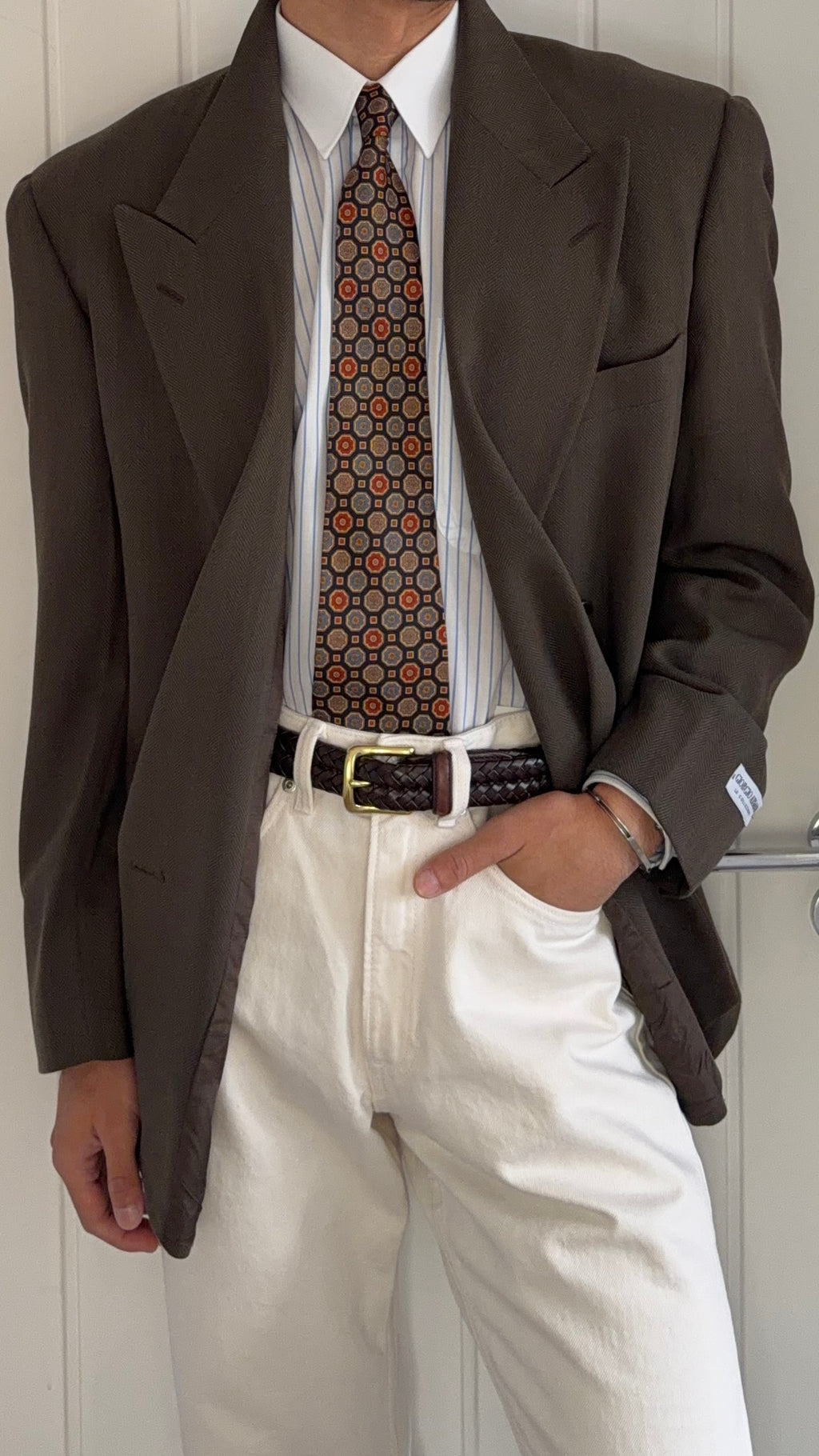 Giorgio Armani 1980s Peaked Lapel Double Breasted Brown Wool Sport Jacket Blazer - Size M