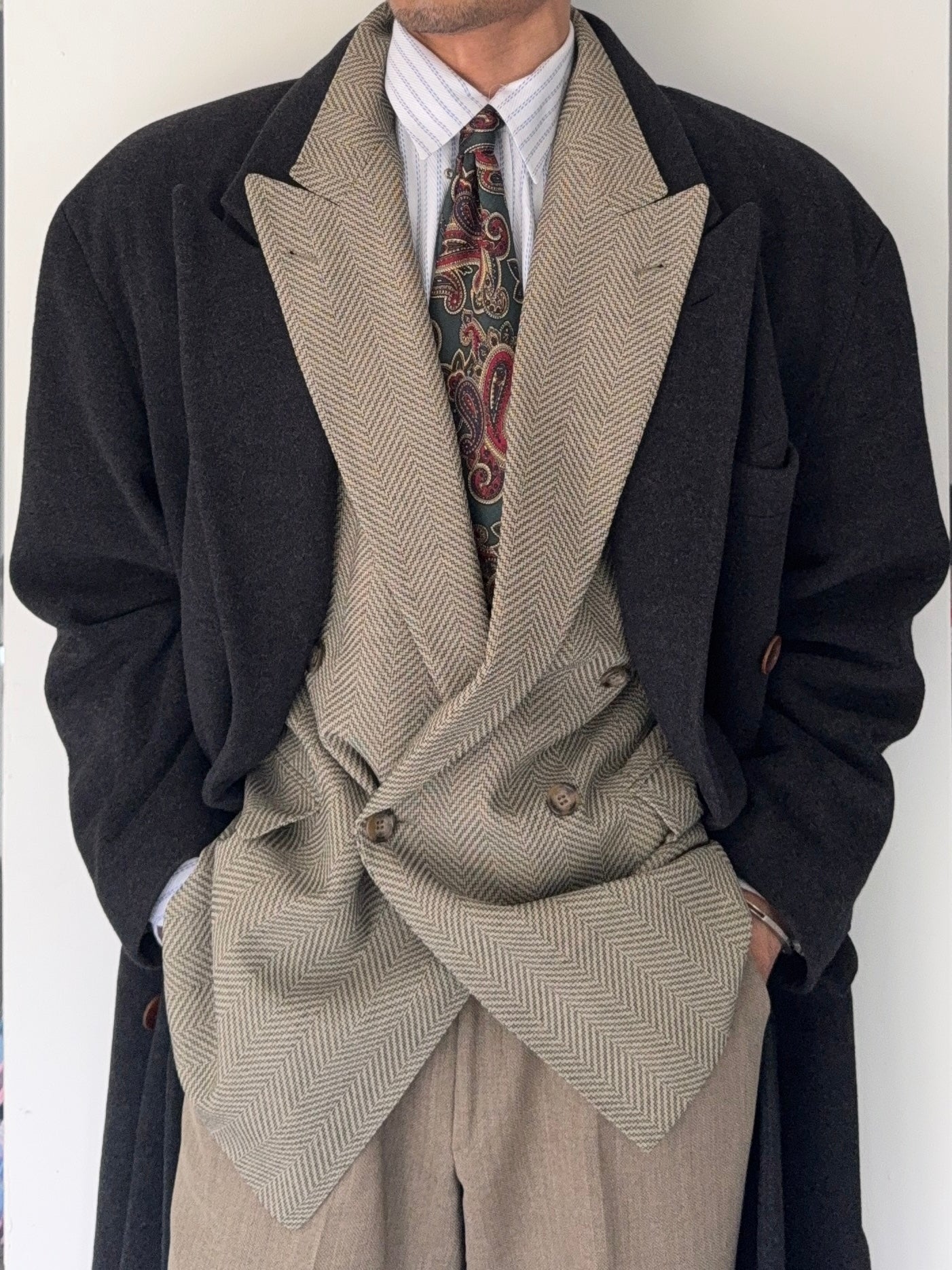 Hugo Boss 1980s 'Facel Vega' Double-Breasted Peaked Lapel Long Wool Coat - Size L
