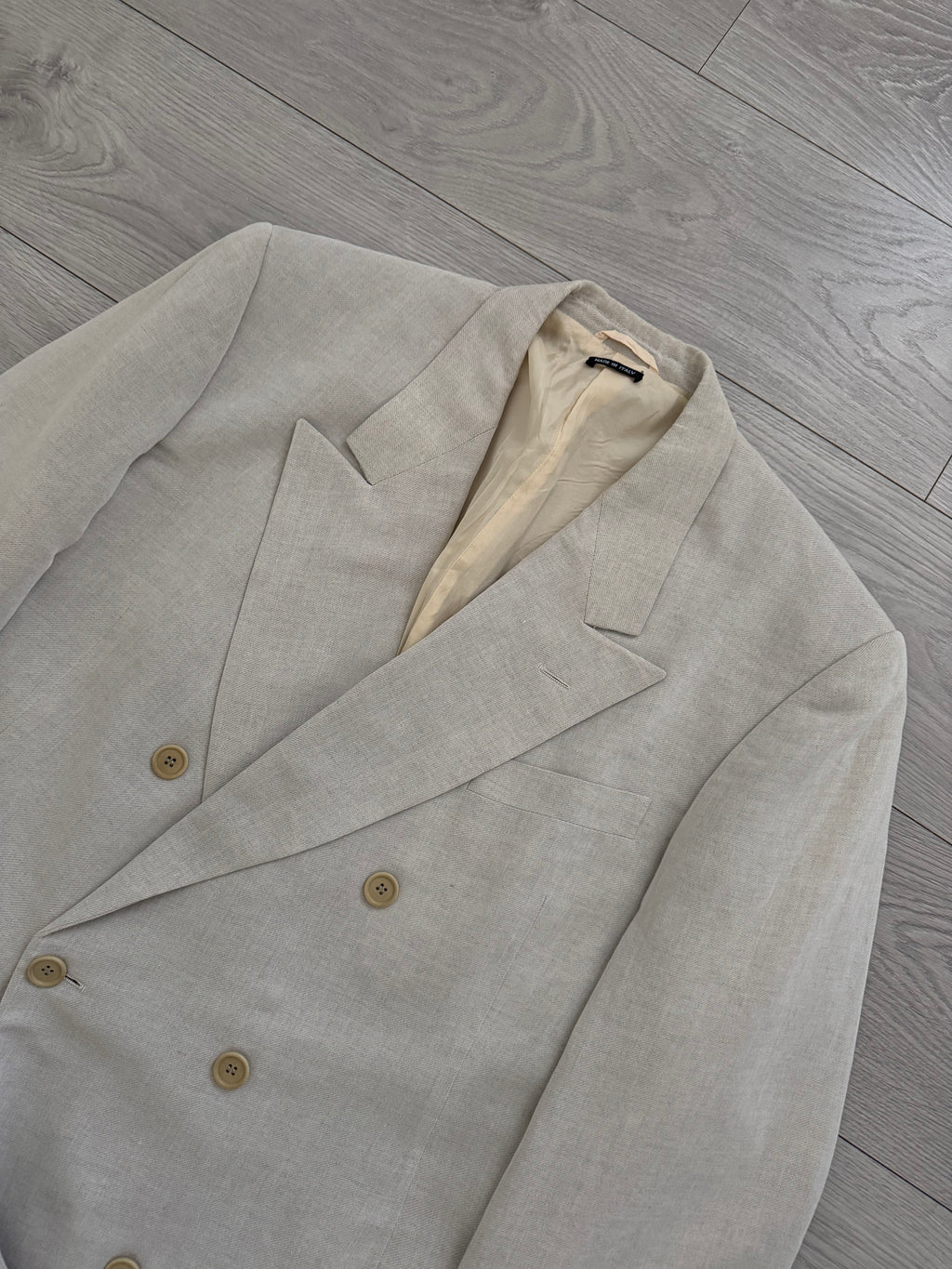 Giorgio Armani Black Label 1994 Peaked Lapel Double Breasted Rayon Linen Sport Jacket Blazer Mushroom Taupe - Size XXL