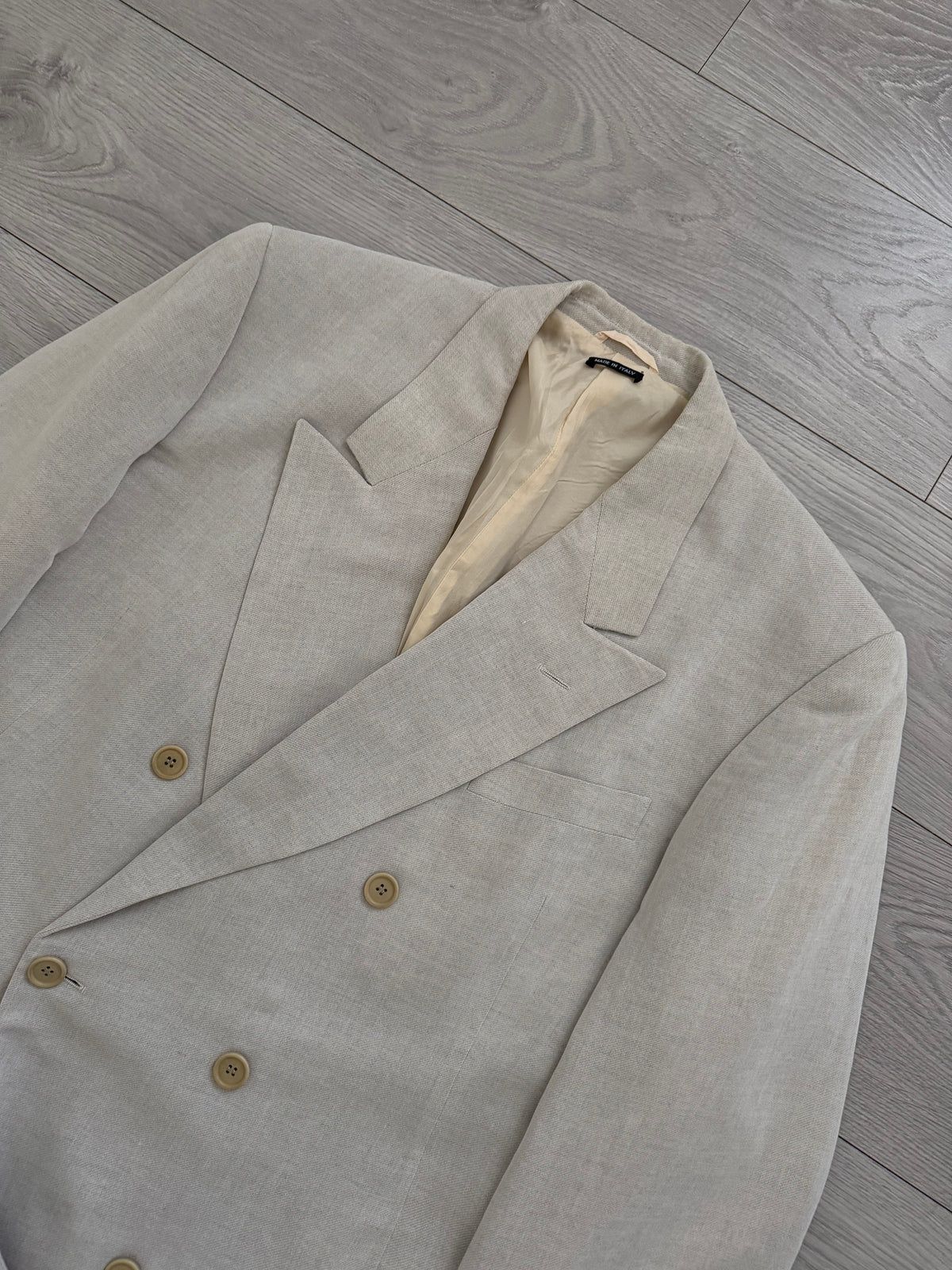 Giorgio Armani Black Label 1994 Peaked Lapel Double Breasted Rayon Linen Sport Jacket Blazer Mushroom Taupe - Size XXL