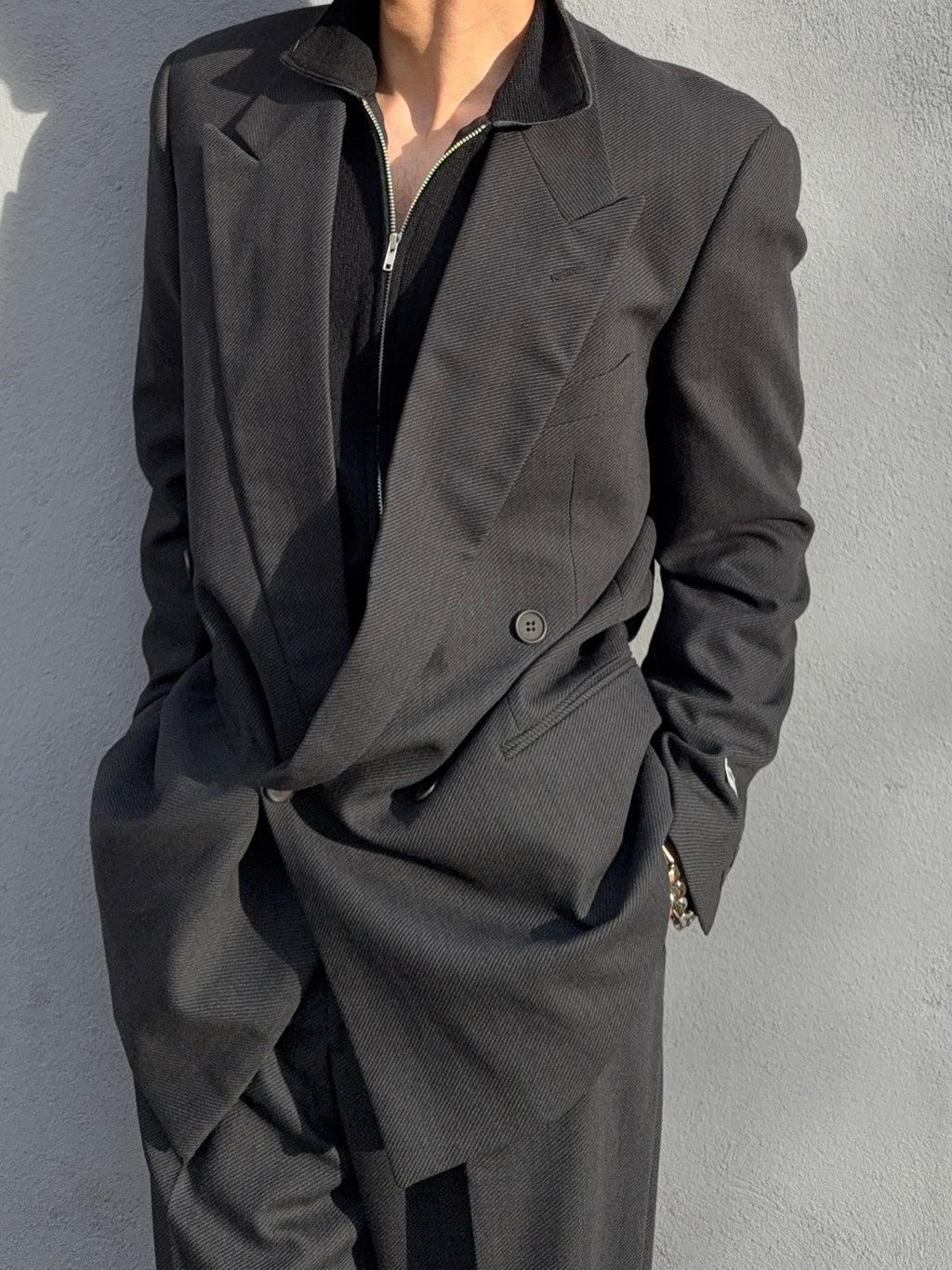 Giorgio Armani 1980s Double Breasted Pleated Wool Suit Black/Grey New - Size L Jacket / 32" Waist