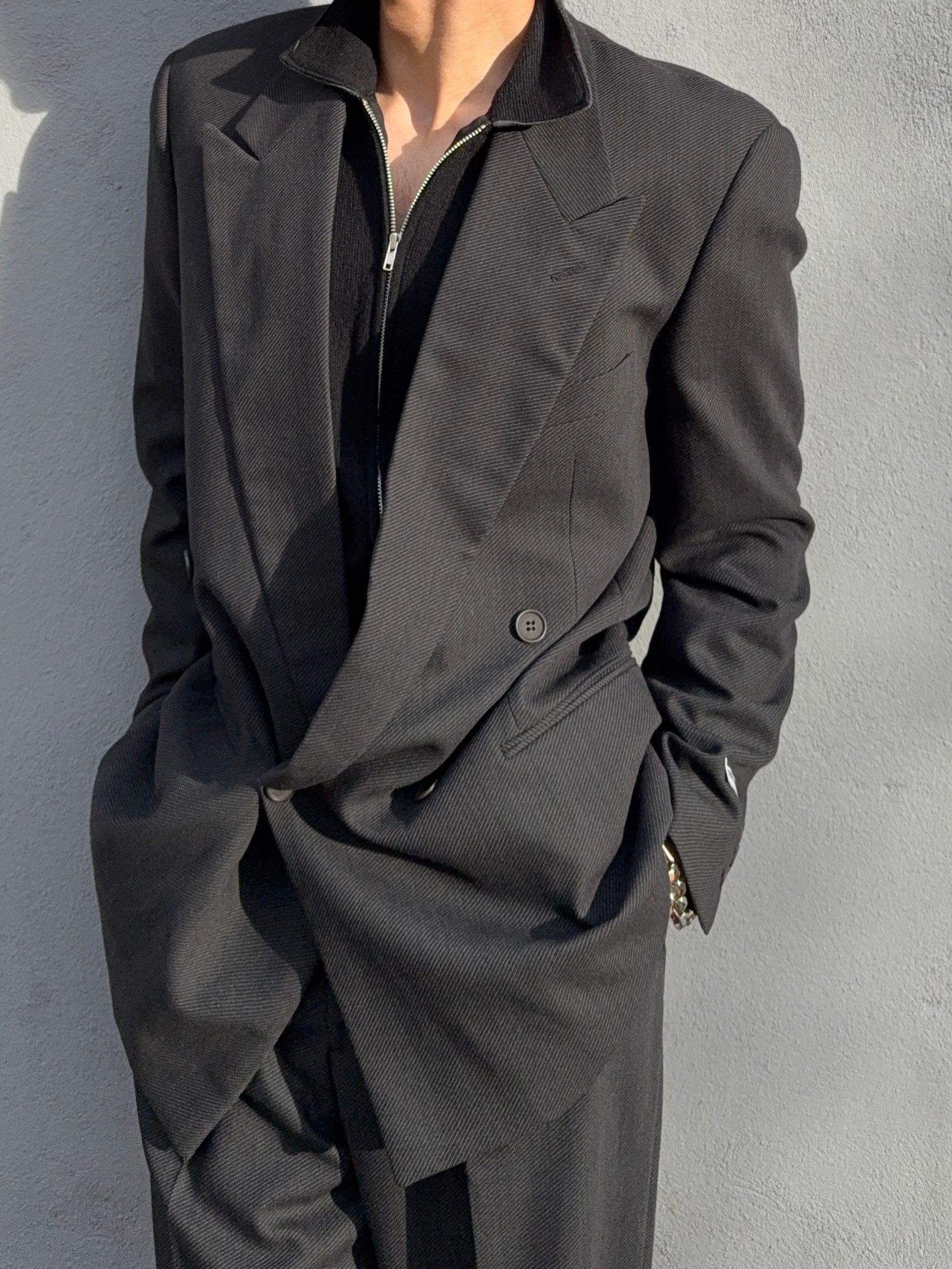 Giorgio Armani 1980s Double Breasted Pleated Wool Suit Black/Grey New - Size L Jacket / 32" Waist