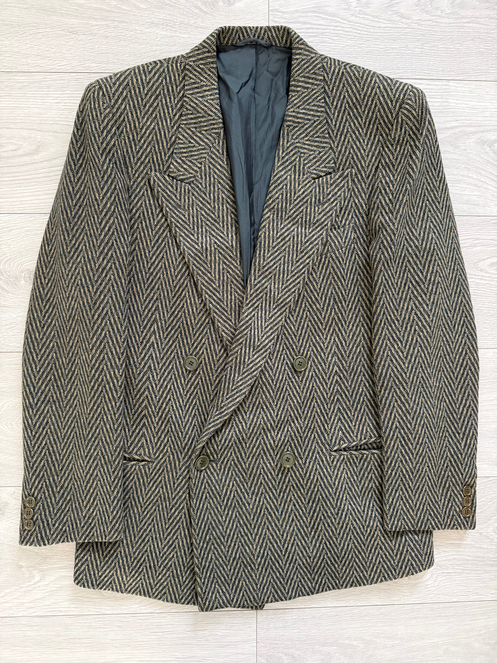 Hilton Armani 1980s Peaked Lapel Double Breasted Herringbone Sports Jacket Blazer - Size S