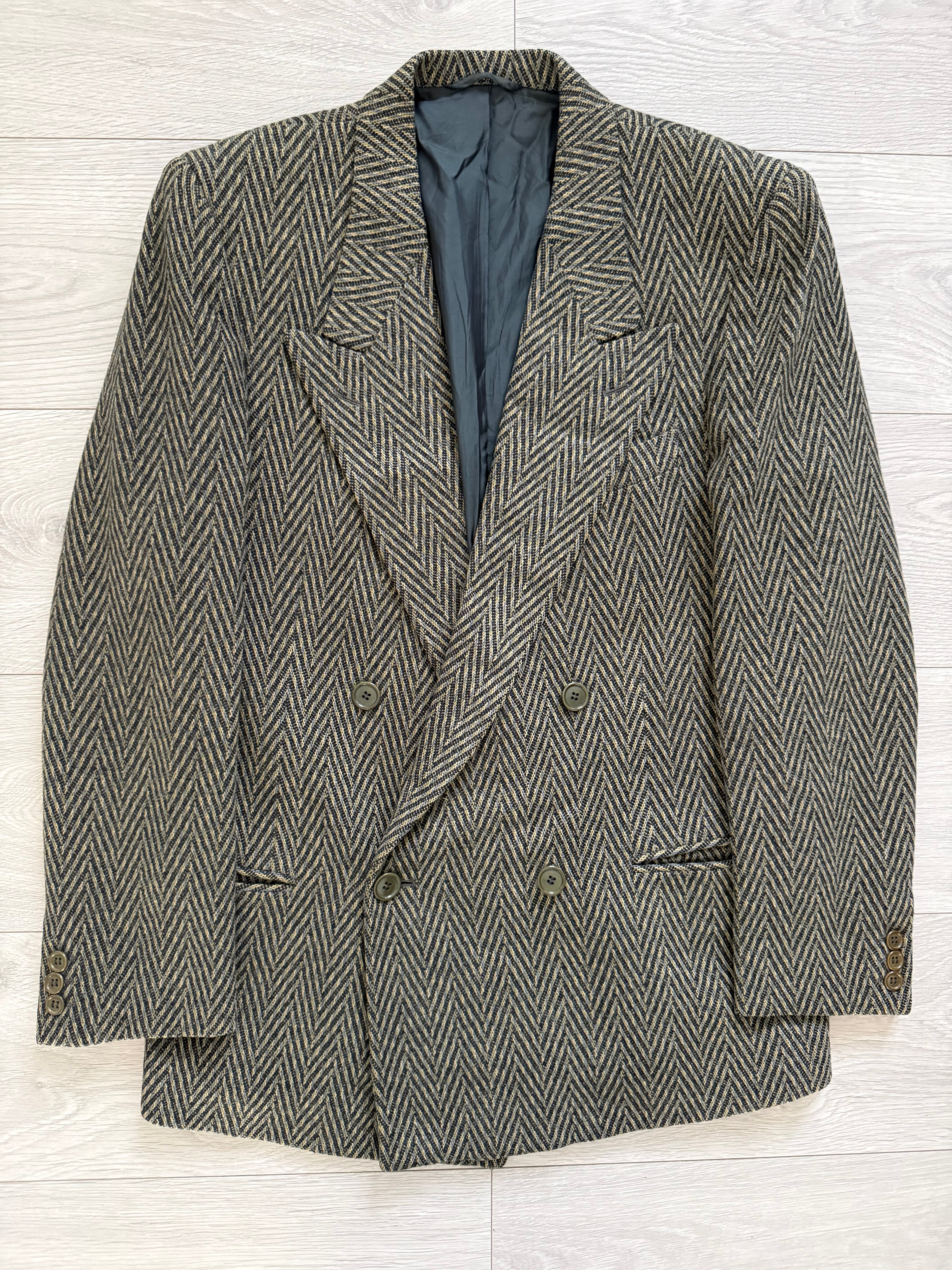Hilton Armani 1980s Peaked Lapel Double Breasted Herringbone Sports Jacket Blazer - Size S