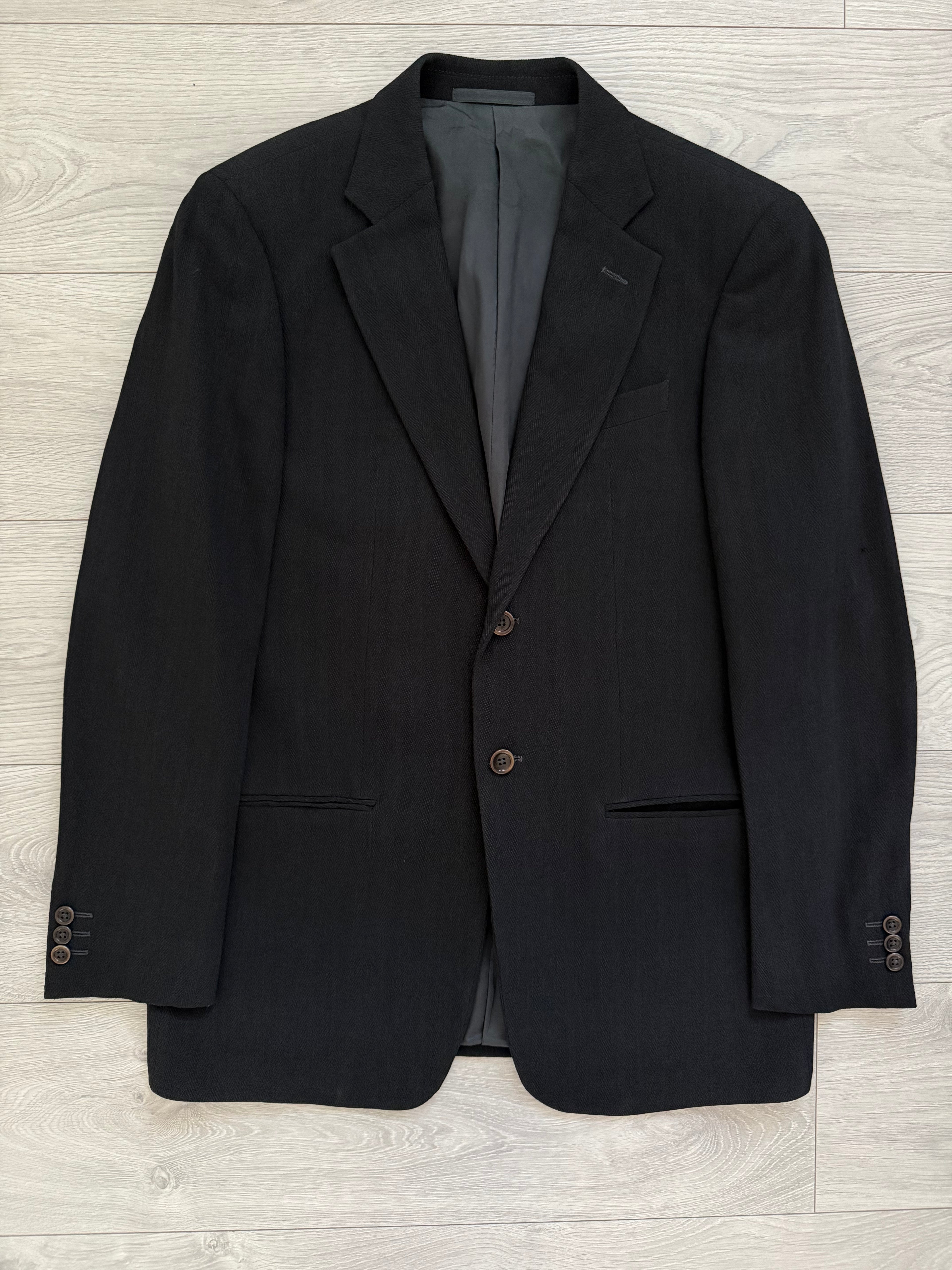 Armani 1990s 2B Textured Herringbone Wool Pleated Black Suit - Size S Jacket / 30" Waist