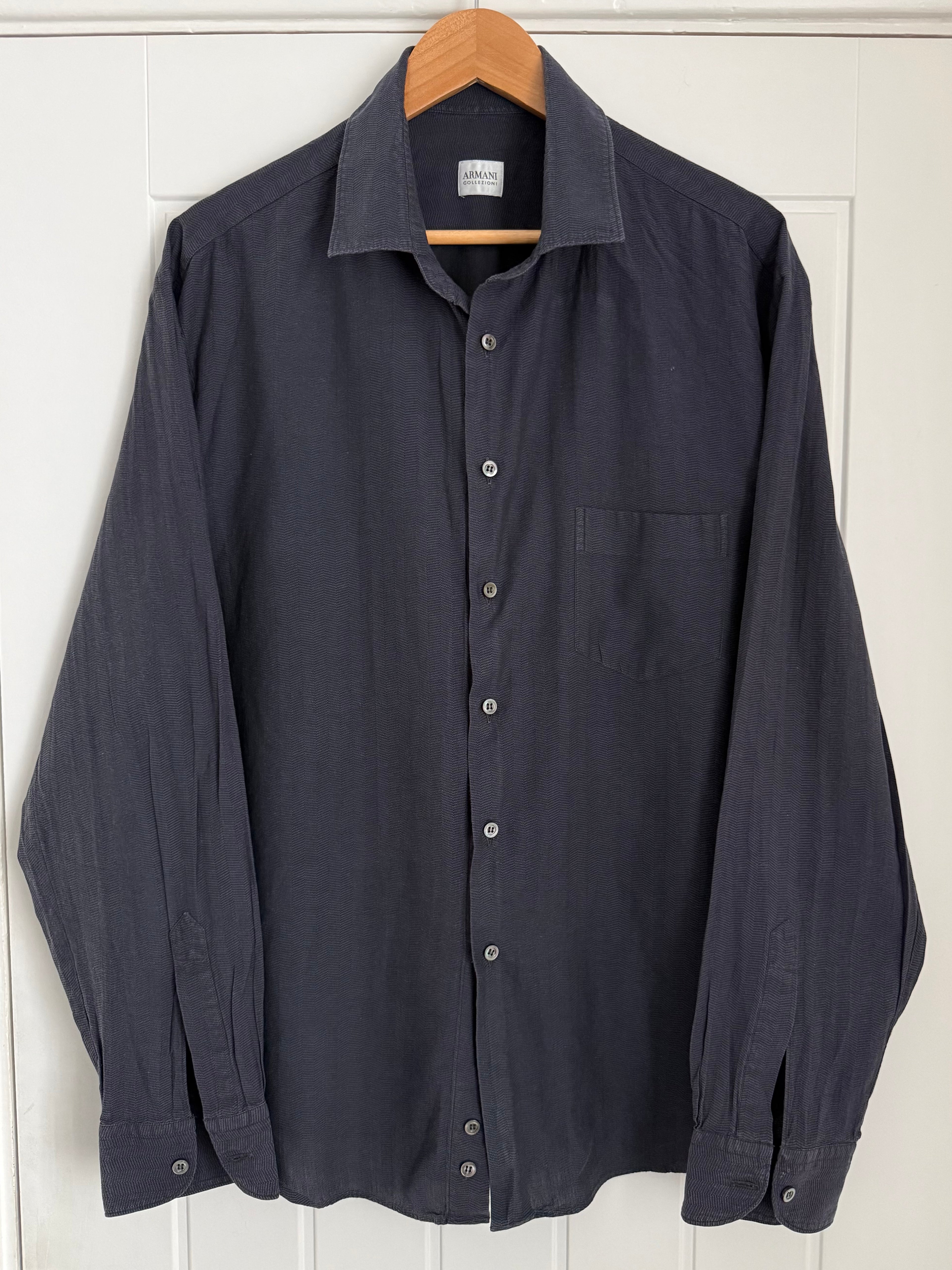 Armani 1990s Herringbone Pattern Long Sleeve Relaxed Shirt - Size XL
