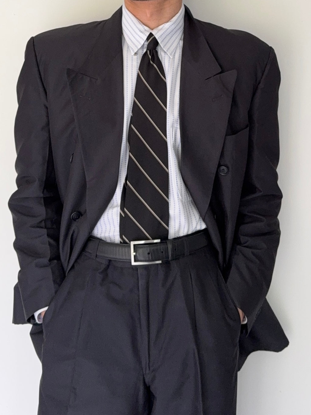 Hugo Boss 1980s 'Tango' Double Breasted Peaked Lapel Silk Suit - Size XL Jacket / 35" Waist