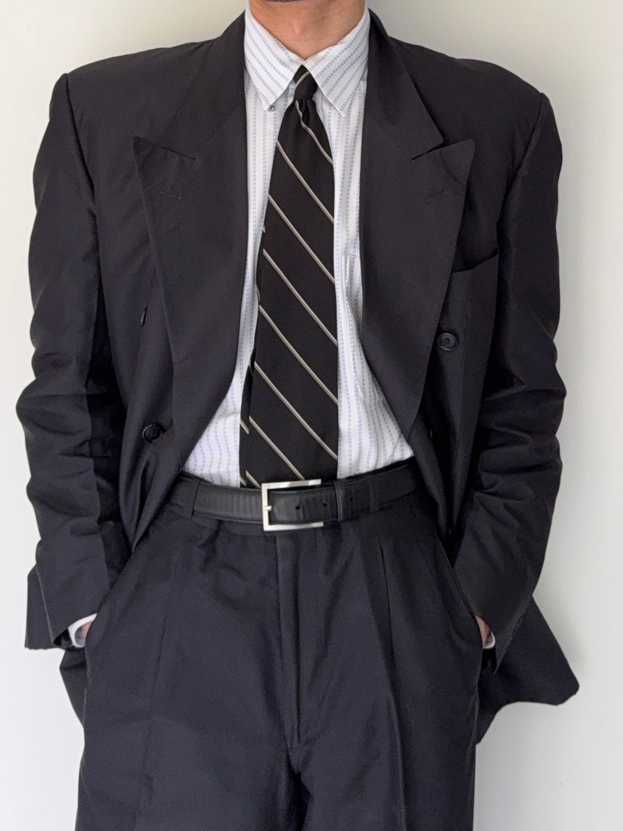 Hugo Boss 1980s 'Tango' Double Breasted Peaked Lapel Silk Suit - Size XL Jacket / 35" Waist