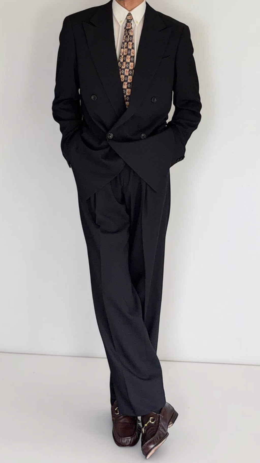 Armani 1990s Peaked Lapel Double Breasted Pleated Wool Suit Black - Size L Jacket / 34" Waist