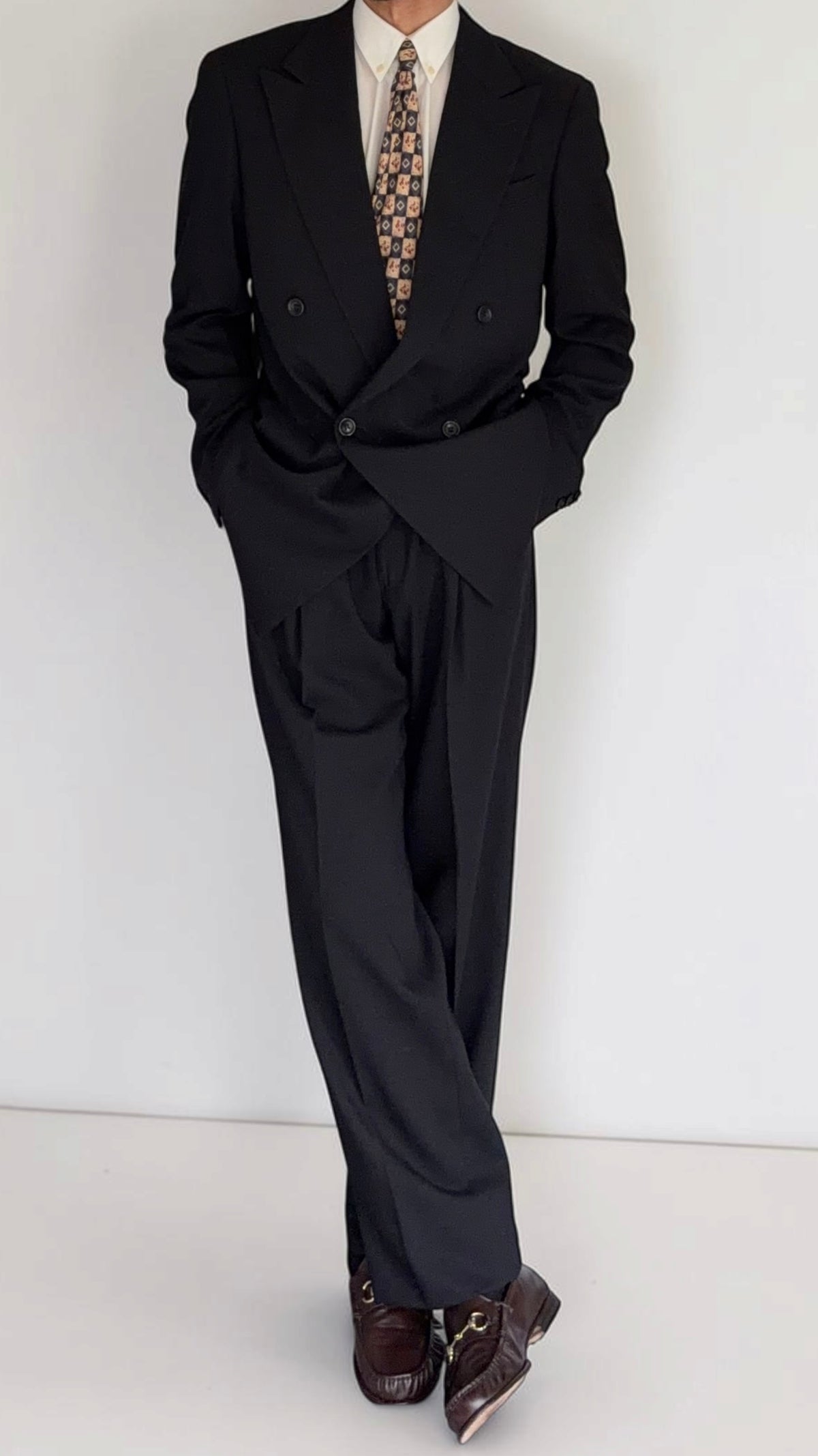 Armani 1990s Peaked Lapel Double Breasted Pleated Wool Suit Black - Size L Jacket / 34" Waist