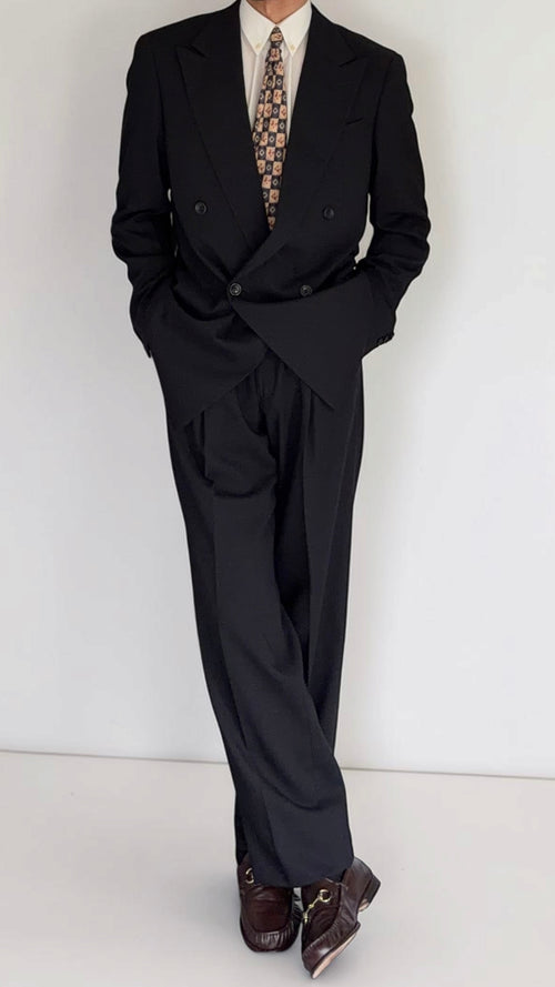 Armani 1990s Peaked Lapel Double Breasted Pleated Wool Suit Black - Size L Jacket / 34" Waist