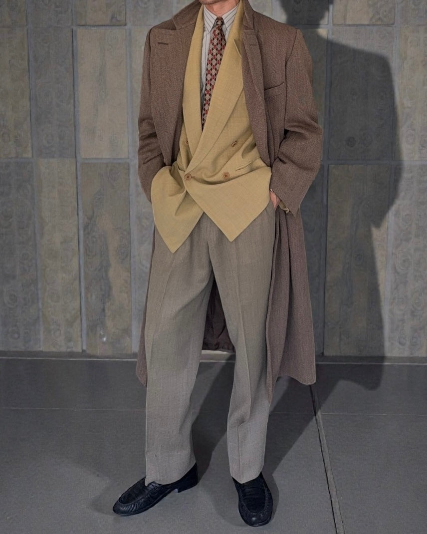 Emporio Armani 1995 Oversized Button Double Breasted Taupe Brown Wool Coat - Size M