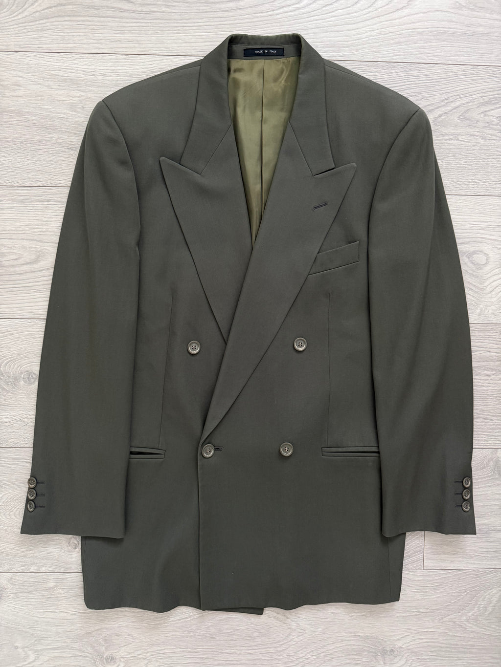 Emporio Armani 1980s Peaked Lapel Double Breasted Wool Sports Jacket Blazer Green - Size S