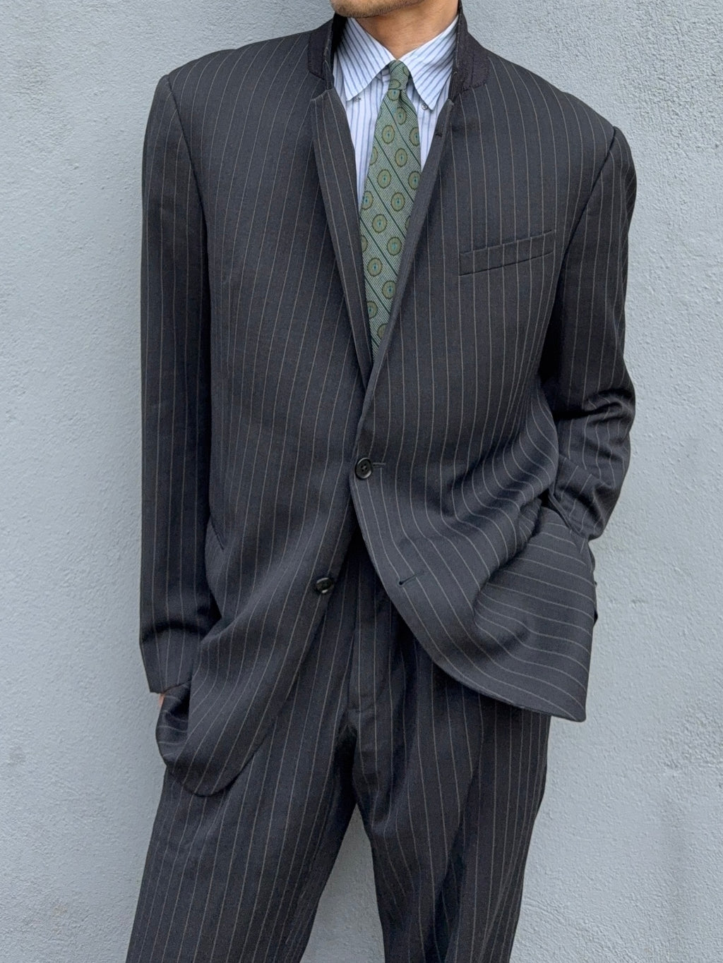 Armani 1990s 2B Charcoal Grey Striped Wool Suit - Size XXL Jacket / 38" Waist