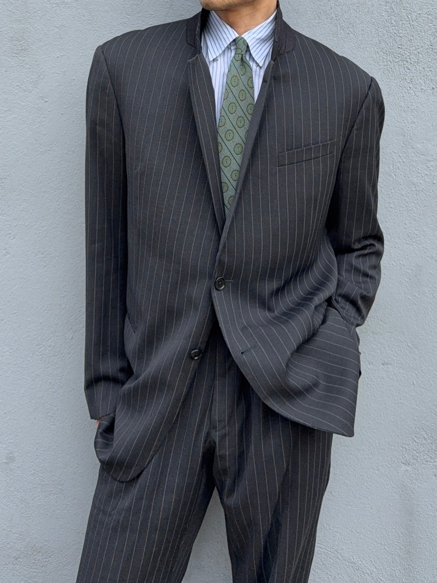 Armani 1990s 2B Charcoal Grey Striped Wool Suit - Size XXL Jacket / 38" Waist