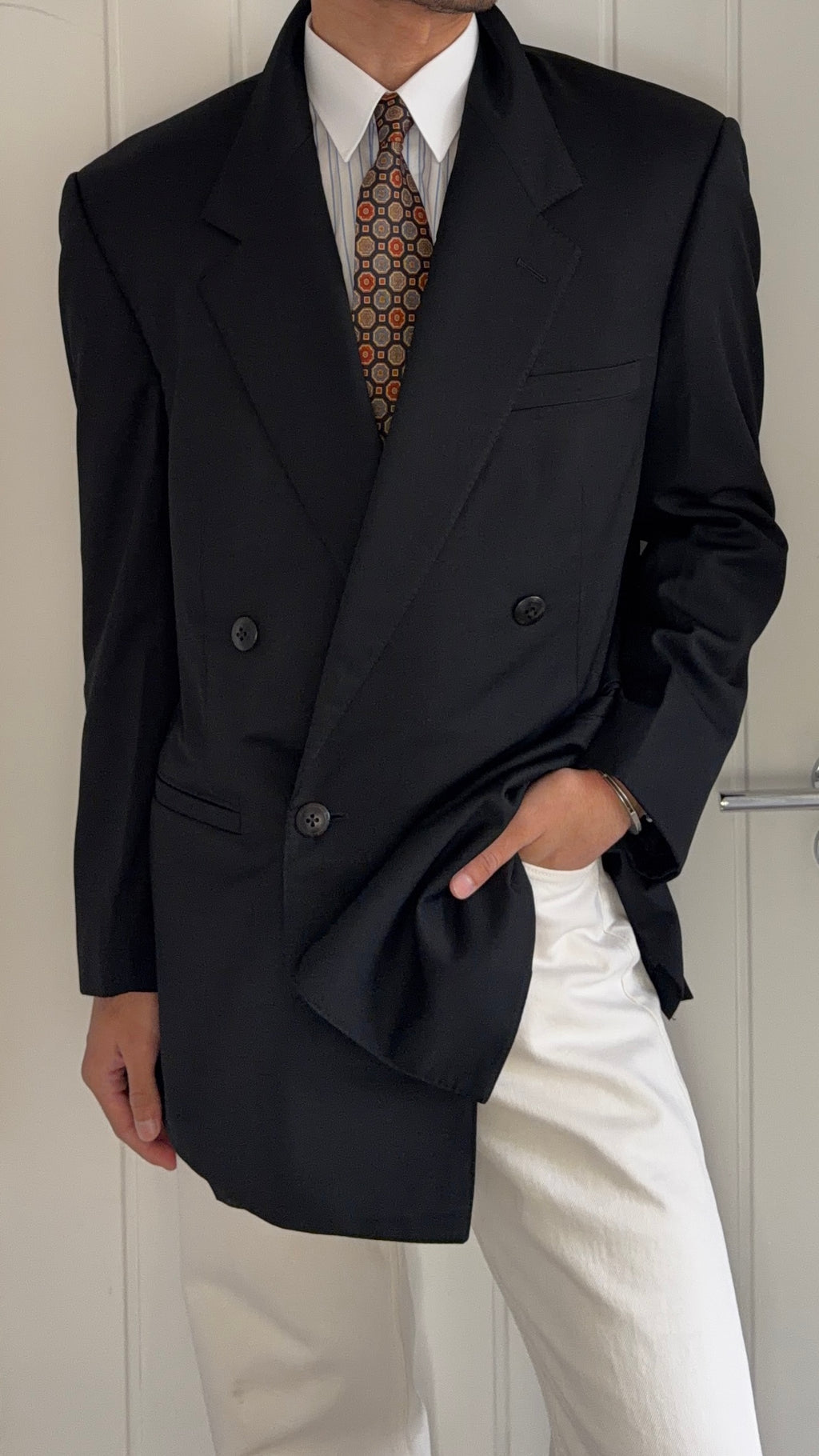 Versace 1990s Notch Lapel Double Breasted Black Wool Sport Jacket Blazer - Size L