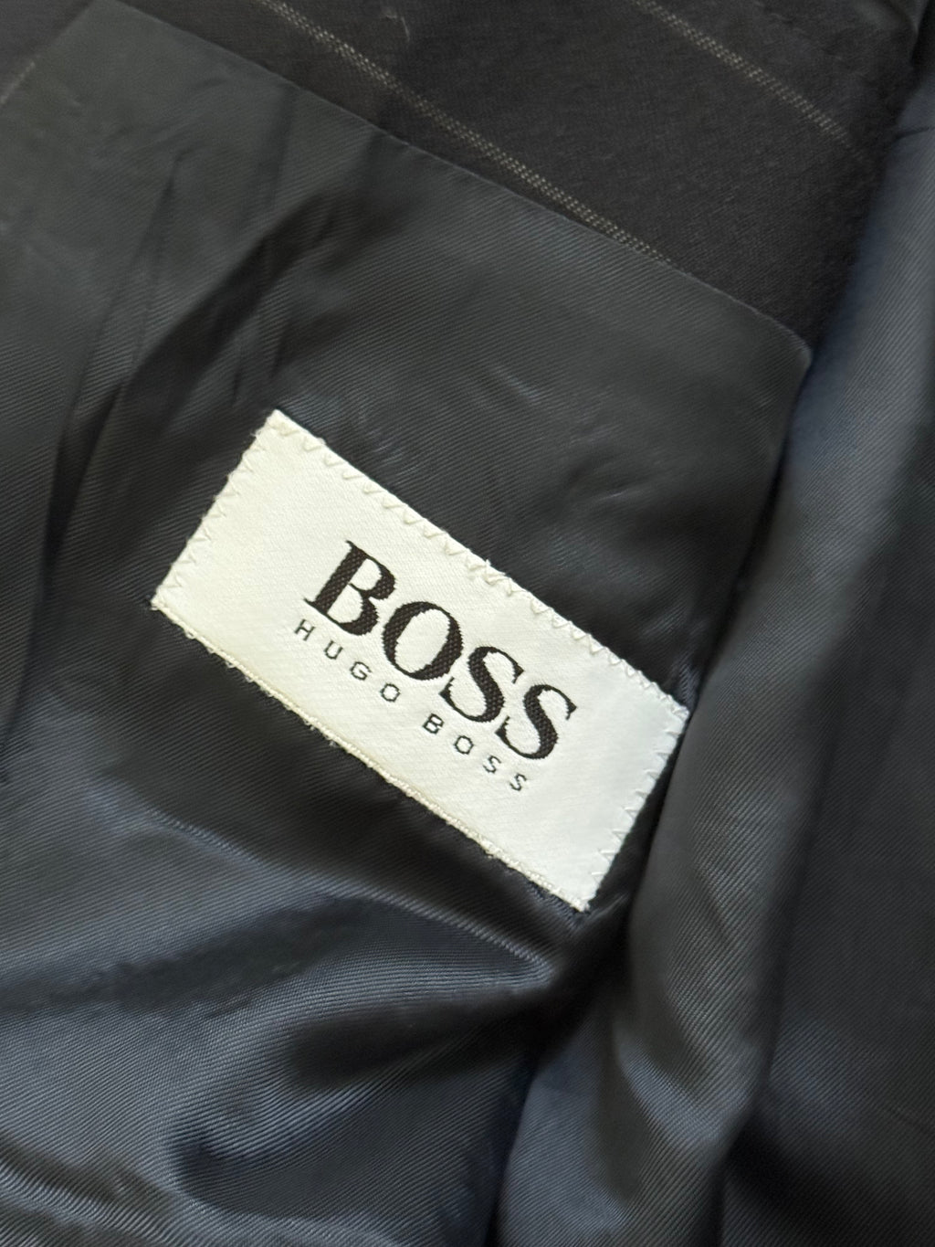 Hugo Boss 1980s 'Al Capone' Peak Lapel Double Breasted Pleated Striped Navy Suit - Size XXL Jacket / 36" Waist