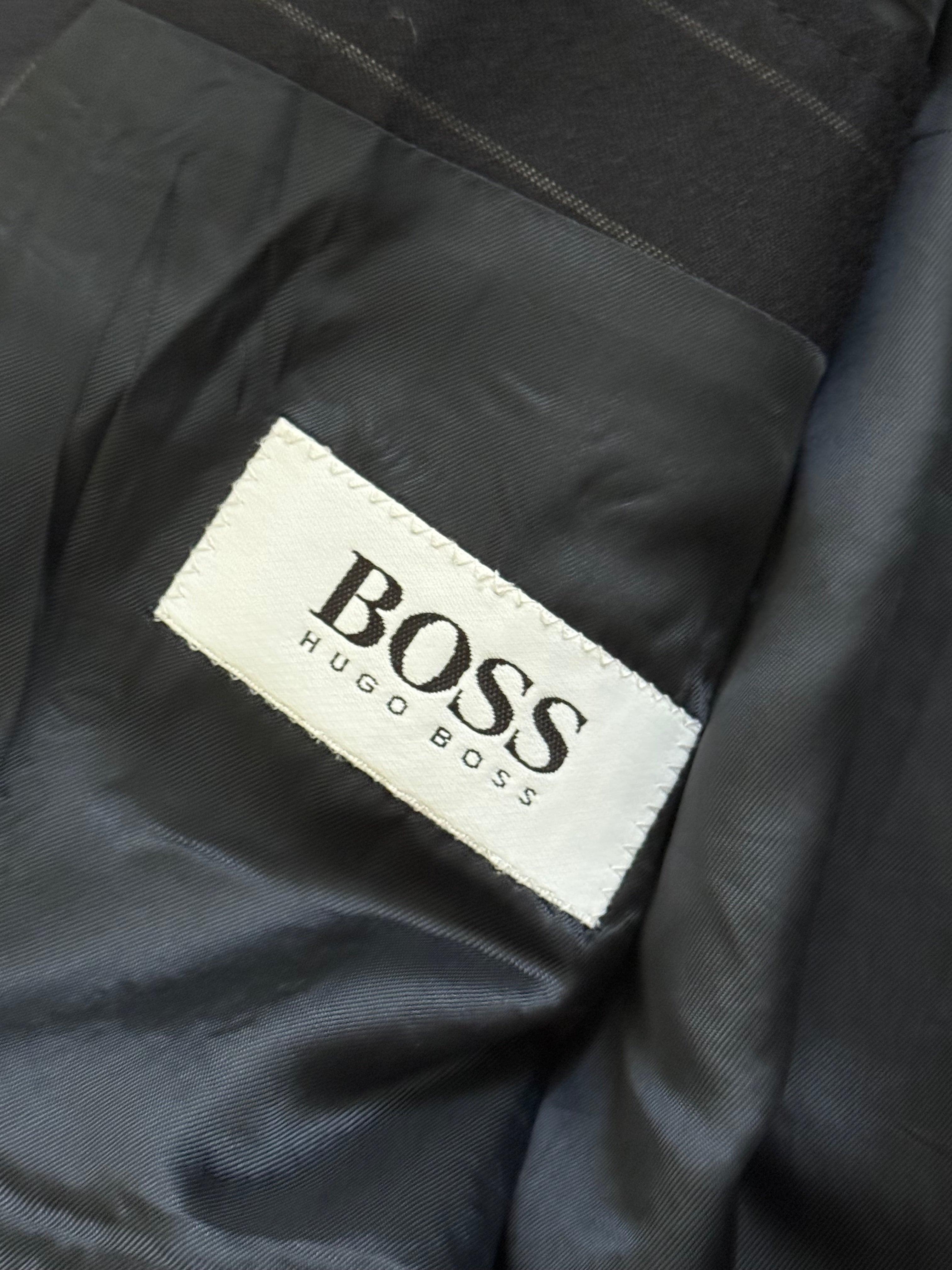 Hugo Boss 1980s 'Al Capone' Peak Lapel Double Breasted Pleated Striped Navy Suit - Size XXL Jacket / 36" Waist