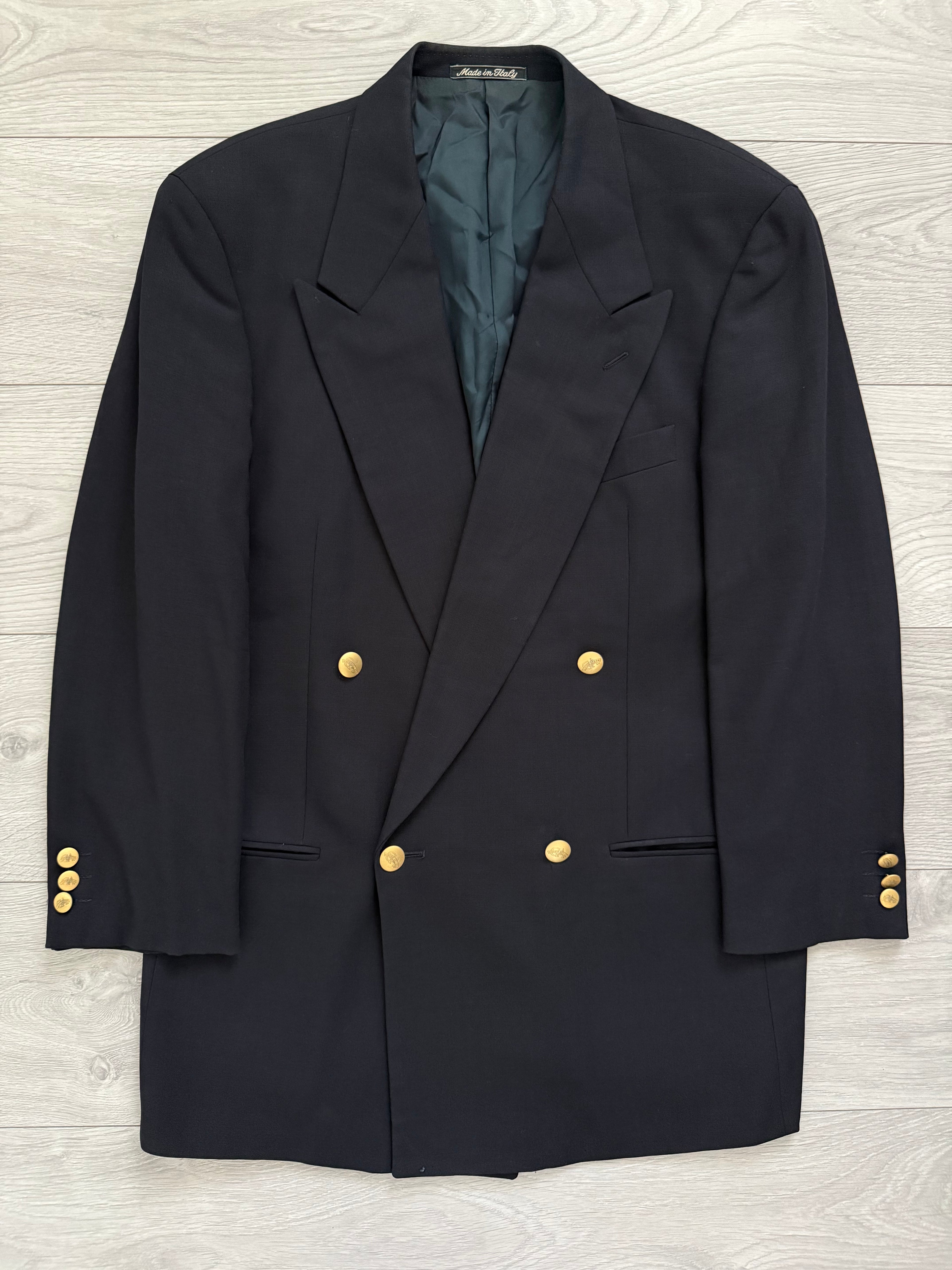 Giorgio Armani 1980s Peaked Lapel Double Breasted Metal Button Wool Sports Jacket Blazer - Size M