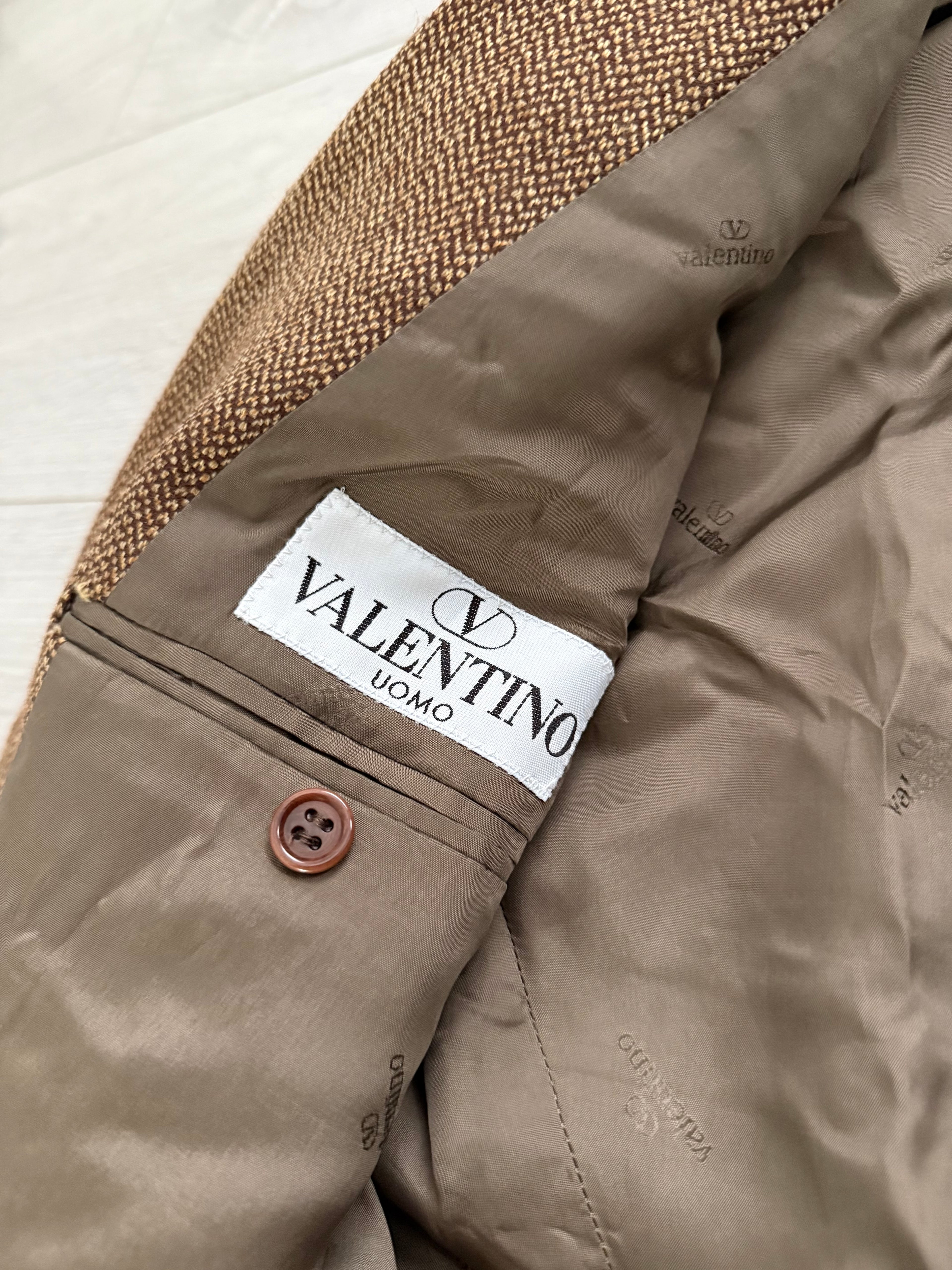 Valentino 1980s Micro Herringbone 3B Tobacco Brown Wool Sports Blazer Jacket - Size L