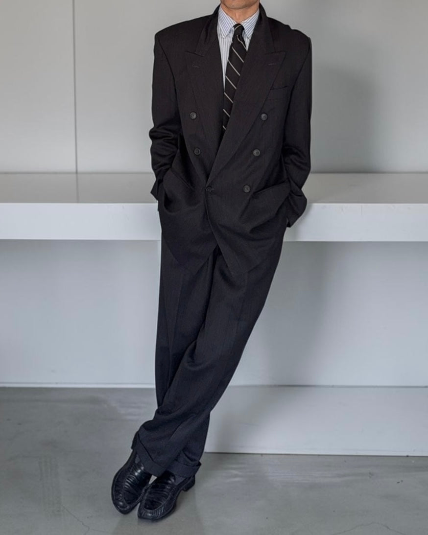 Hugo Boss 1980s 'Al Capone' Double Breasted Pleated Wool Cashmere Suit - Size XXL Jacket / 36" Waist