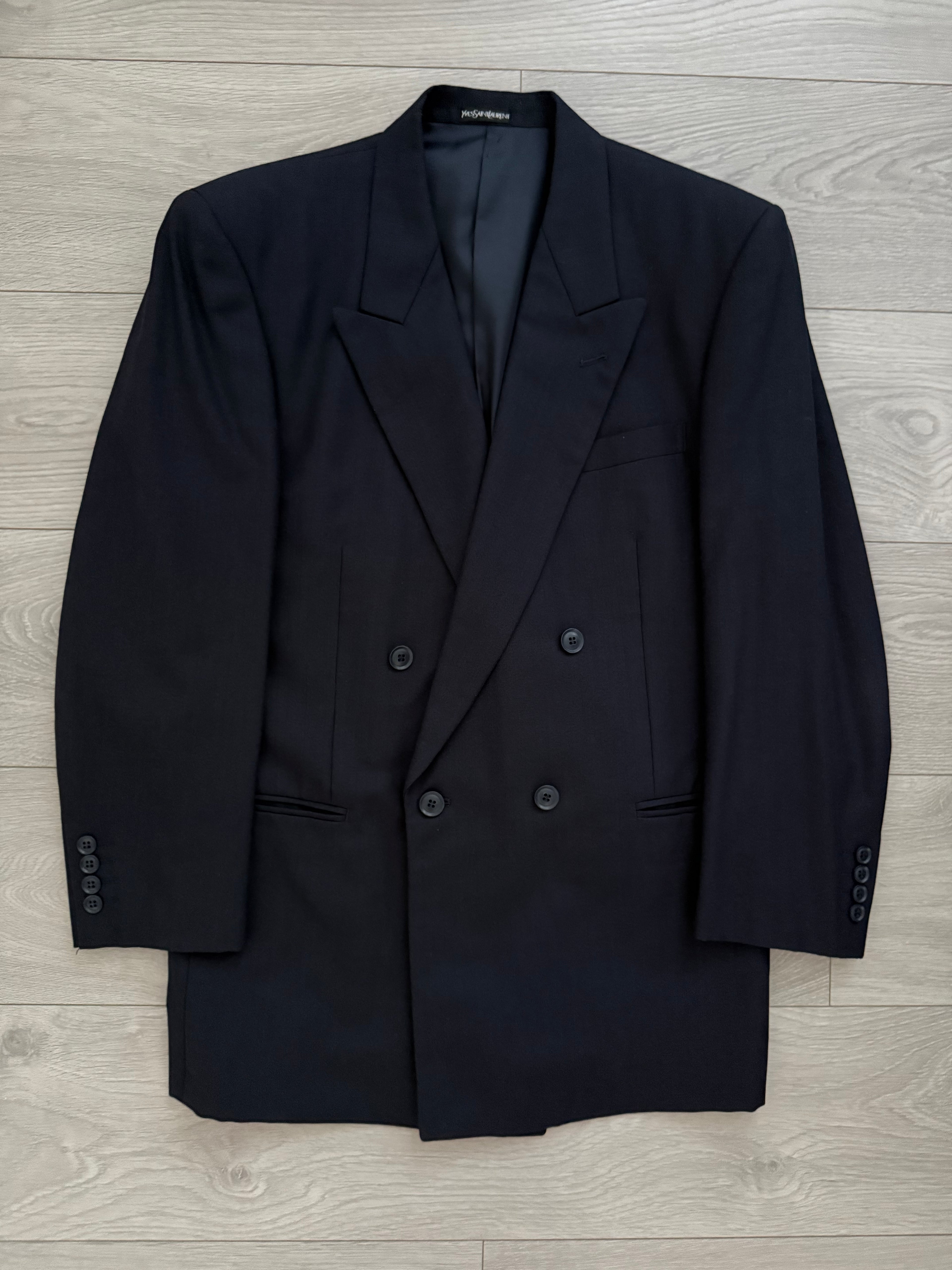 Yves Saint Laurent 1980s Double Breasted Peaked Lapel Wool Blazer Jacket Navy - Size M