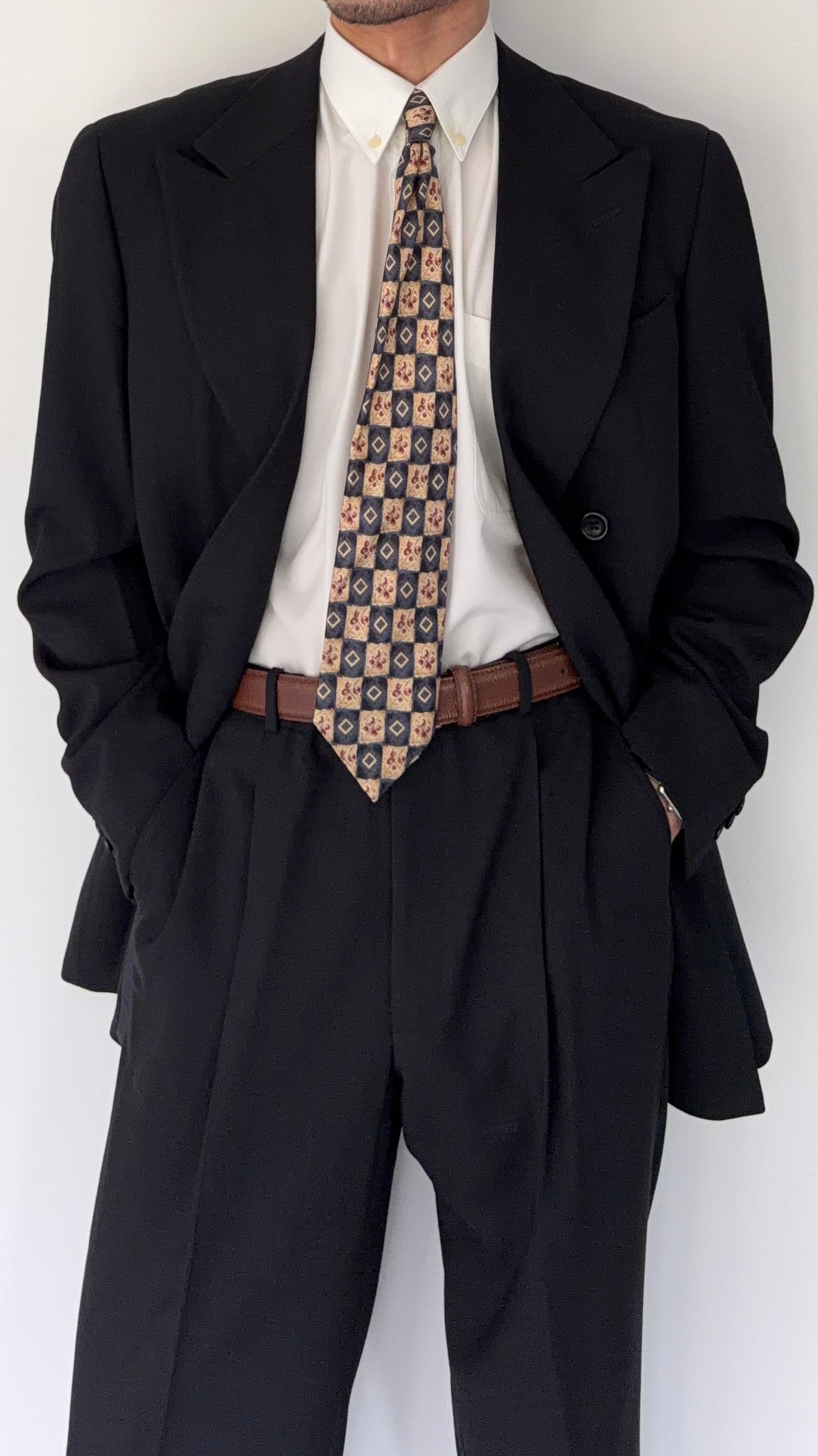 Armani 1990s Peaked Lapel Double Breasted Pleated Wool Suit Black - Size L Jacket / 34" Waist
