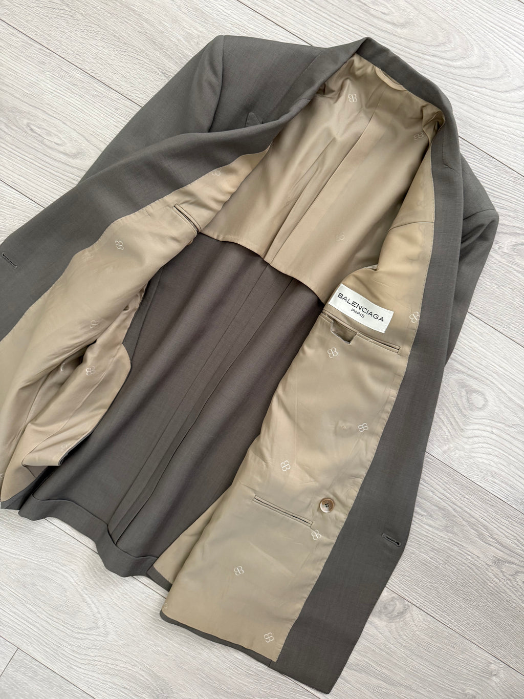 Balenciaga 1990s Peaked Lapel Double Breasted Metal Button Wool Khaki Suit - Size M Jacket / 36" Waist