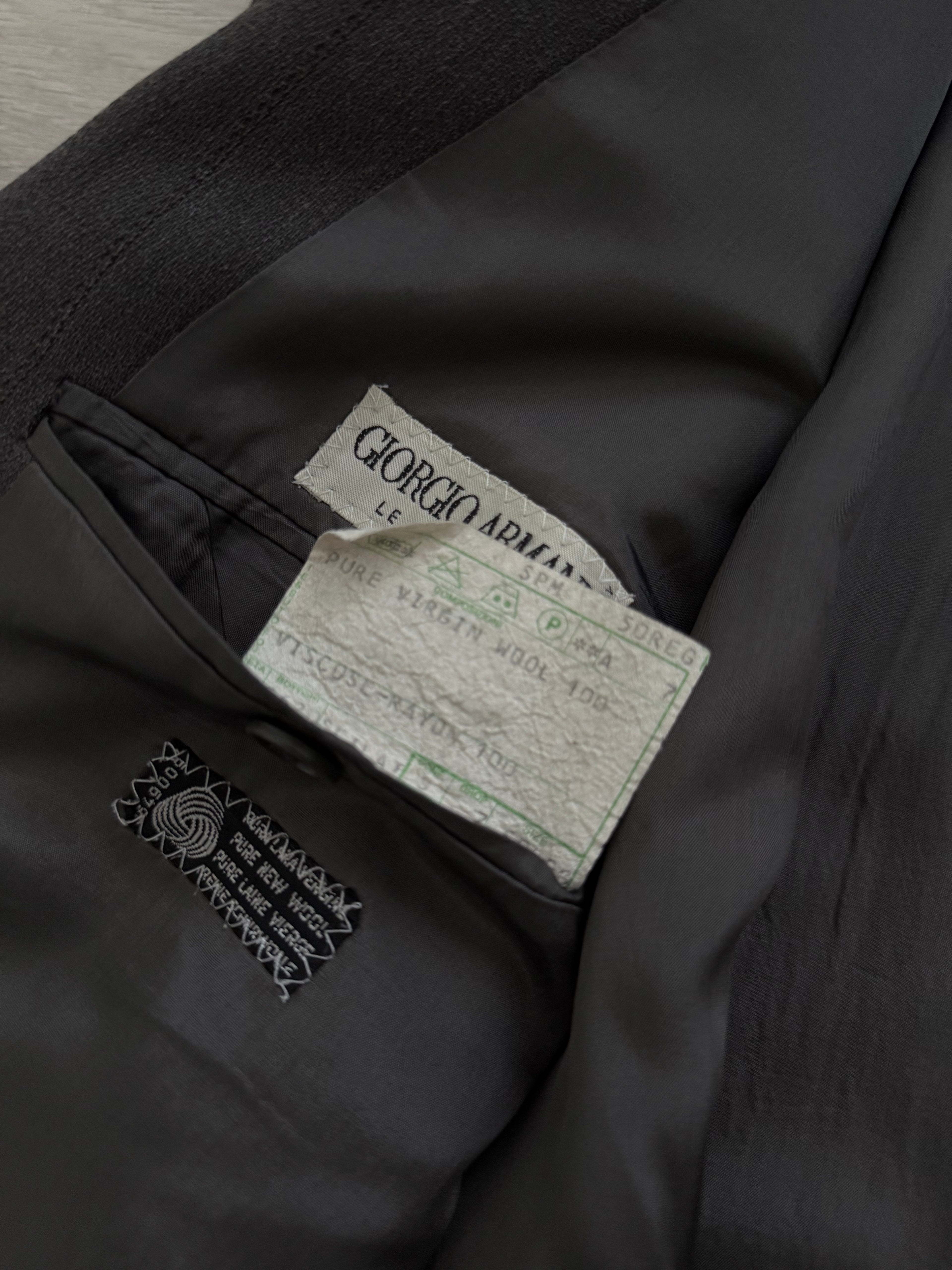 Giorgio Armani 1980s Peaked Lapel Double Breasted Textured Wool Pleated Suit - Size L Jacket / 36" Waist