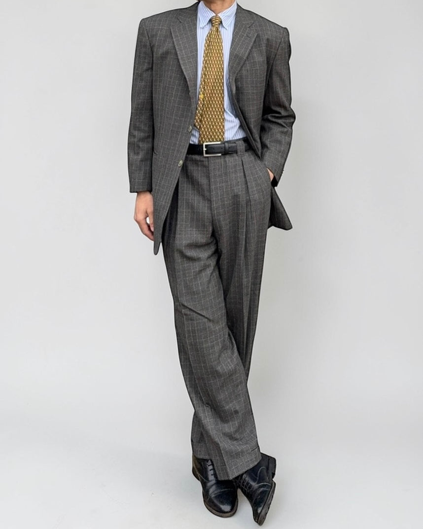 Yves Saint Laurent 1980s 3B Pleated Wool Grey Suit - Size L Jacket / 32" Waist