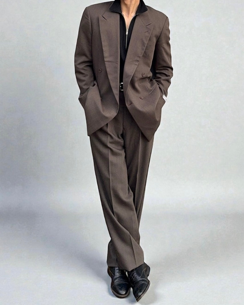 Giorgio Armani 1980s Double Breasted Pleated Wool Suit Brown New - Size L Jacket / 32" Waist