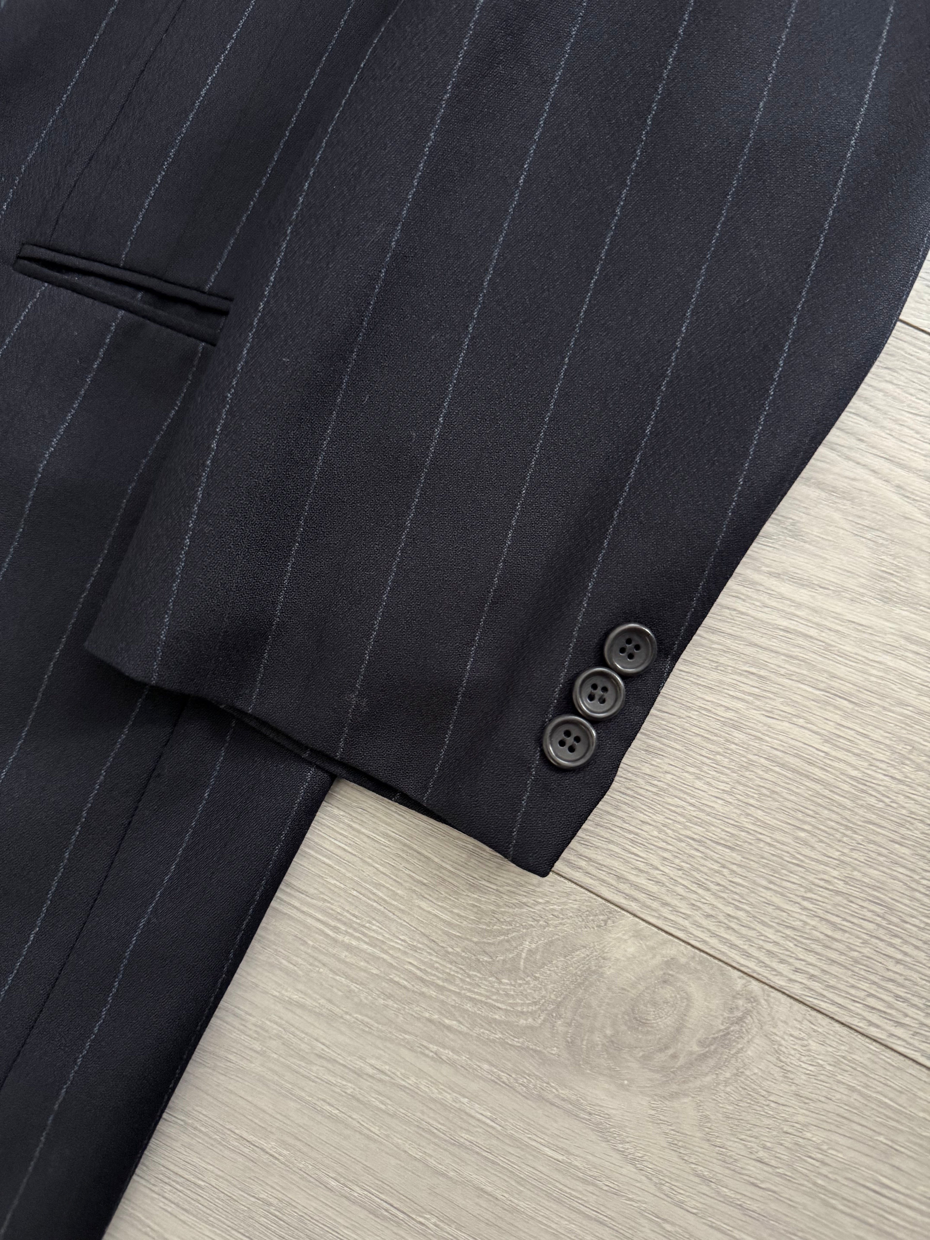 Hugo Boss 1990s 'Nostalgia' 6B Double Breasted Pleated Striped Wool Navy Suit - Size M Jacket / 32" Waist