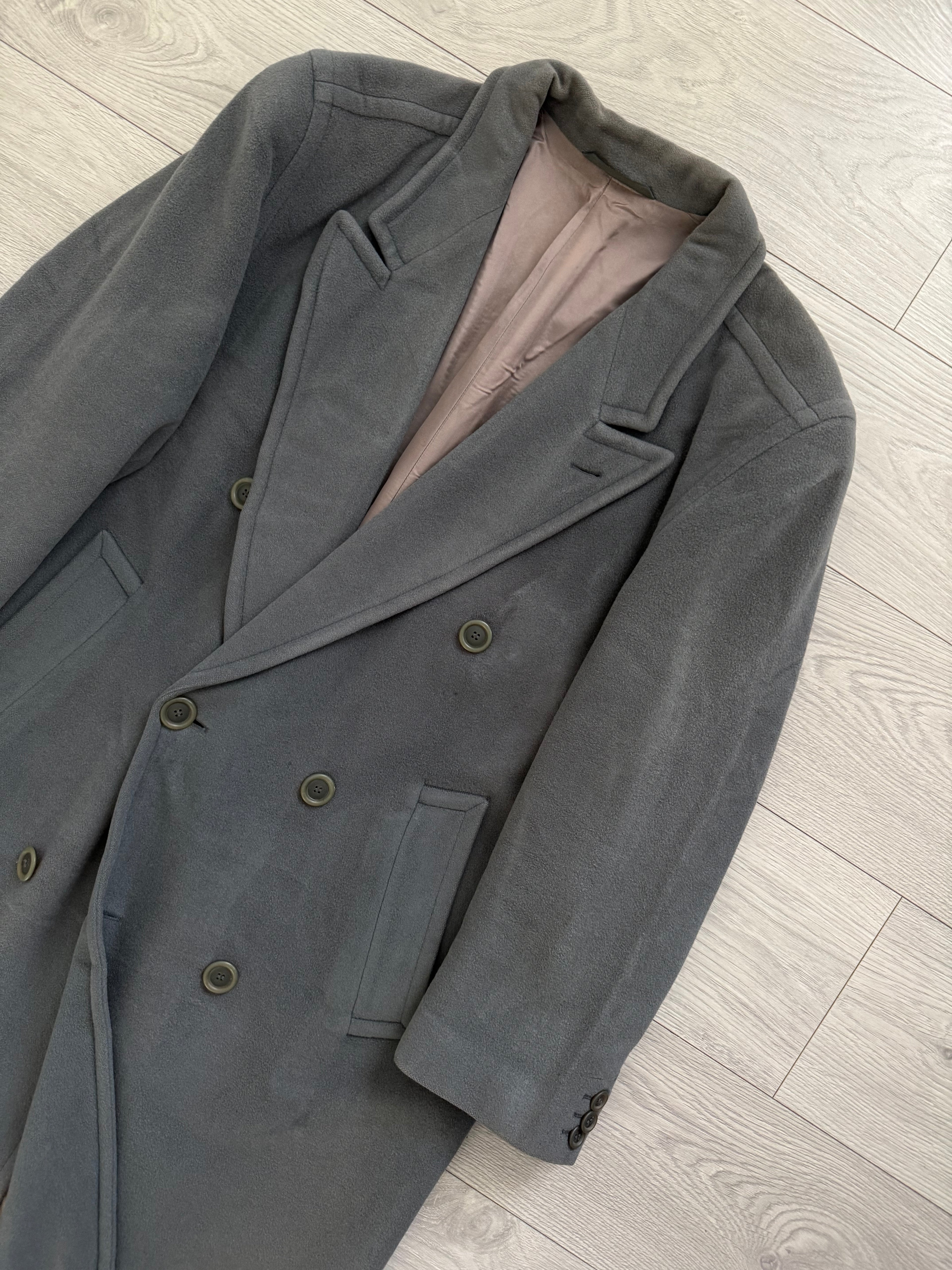 Hugo Boss 1980s 'Yamaha' Peaked Lapel Double-Breasted Wool Coat Grey - Size M