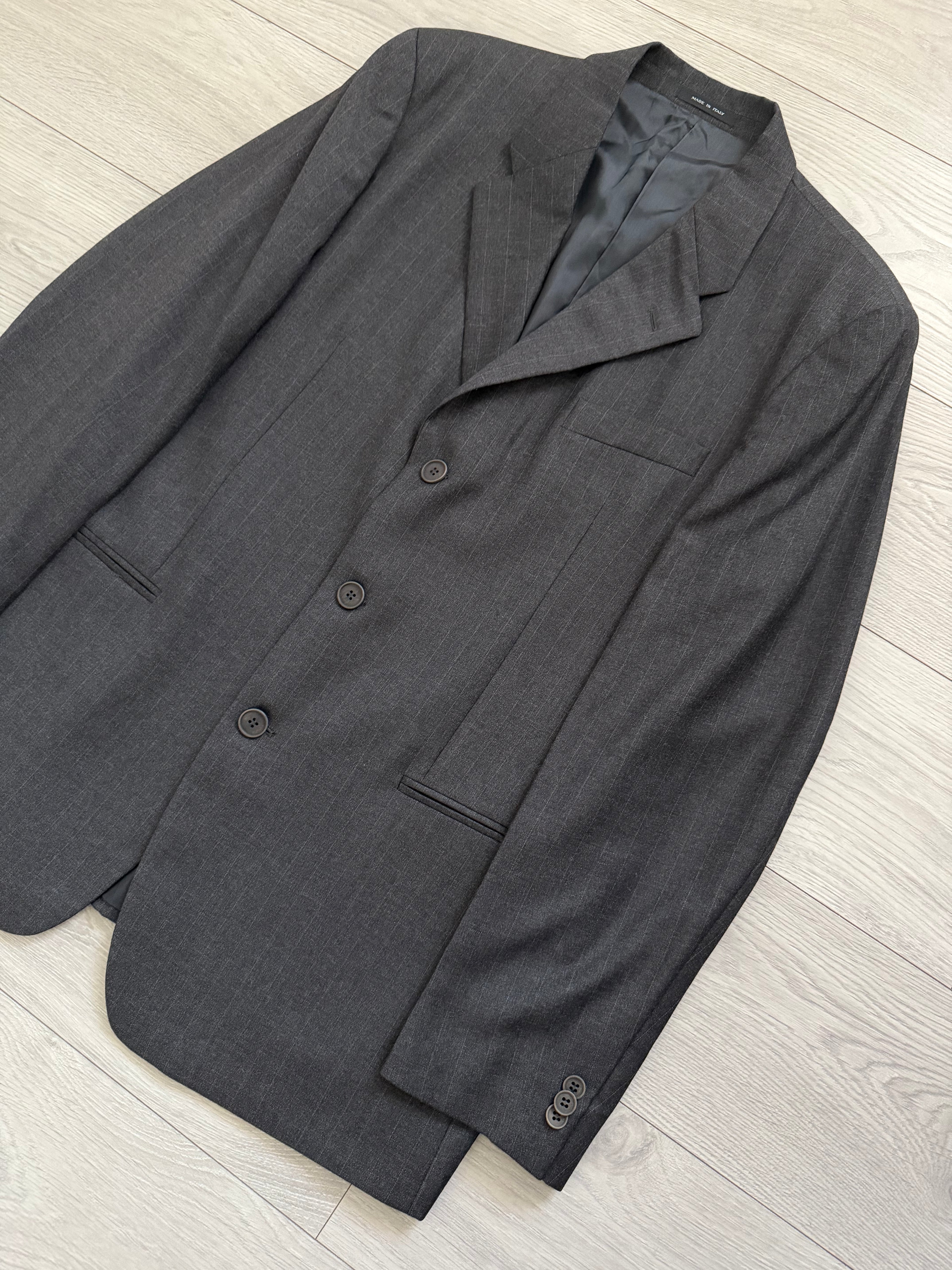 Emporio Armani 1990s 3B Double Pleat Pinstripe Grey Wool Suit - Size XL Jacket / 36" Waist