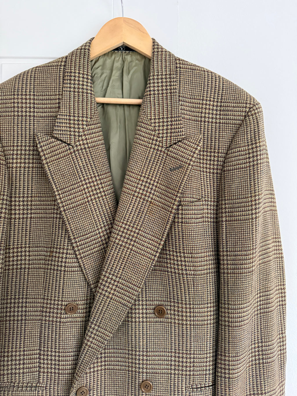 Valentino 1980s Peaked Lapel Double Breasted Textured Wool Sports Blazer Jacket - Size L