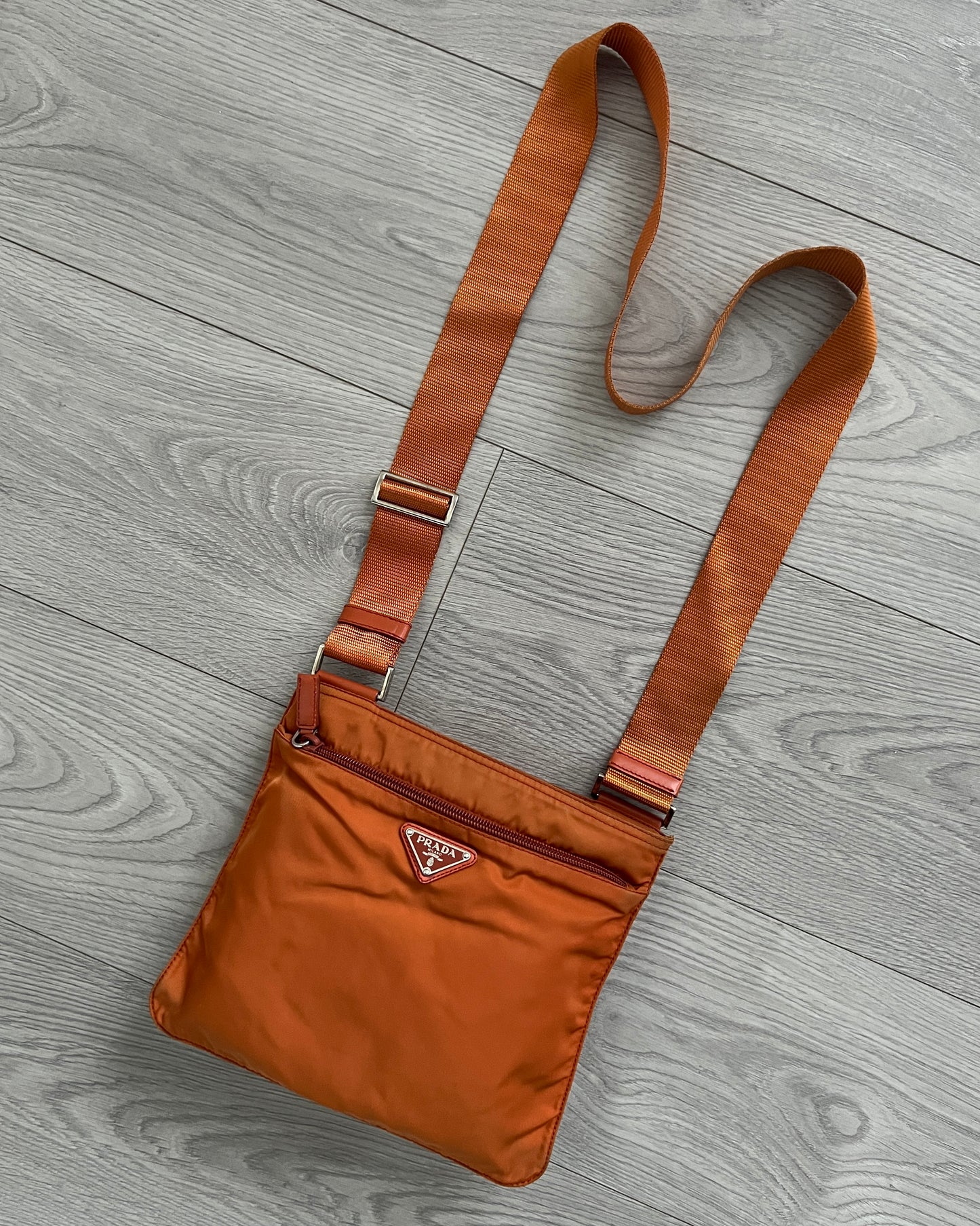 Prada 00S Vela Nylon Metal Logo Orange Crossbody Shoulder Bag