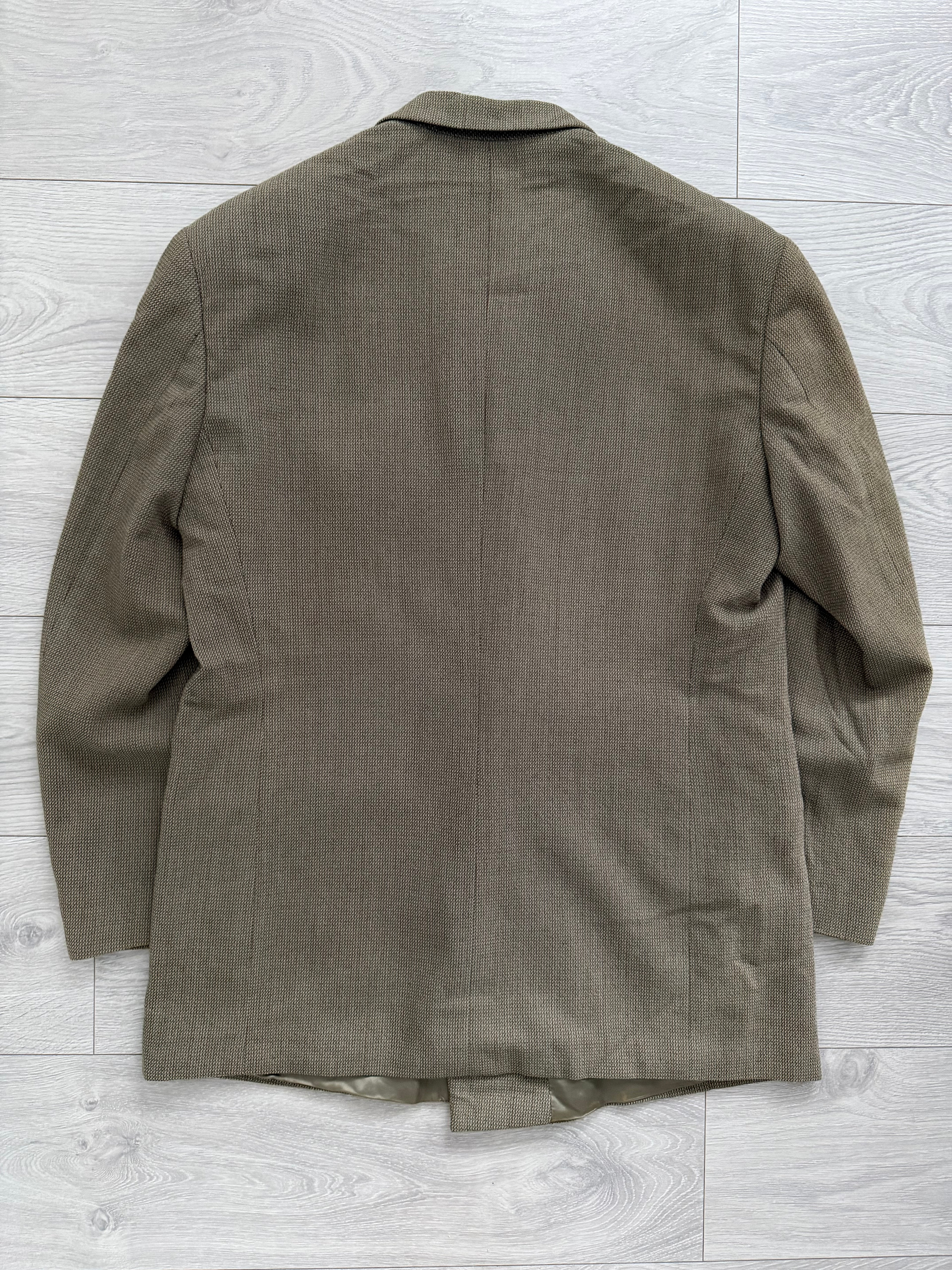 Emporio Armani 1990s Peaked Lapel Double Breasted Textured Weave Pleated Wool Suit - Size XL Jacket / 34" Waist