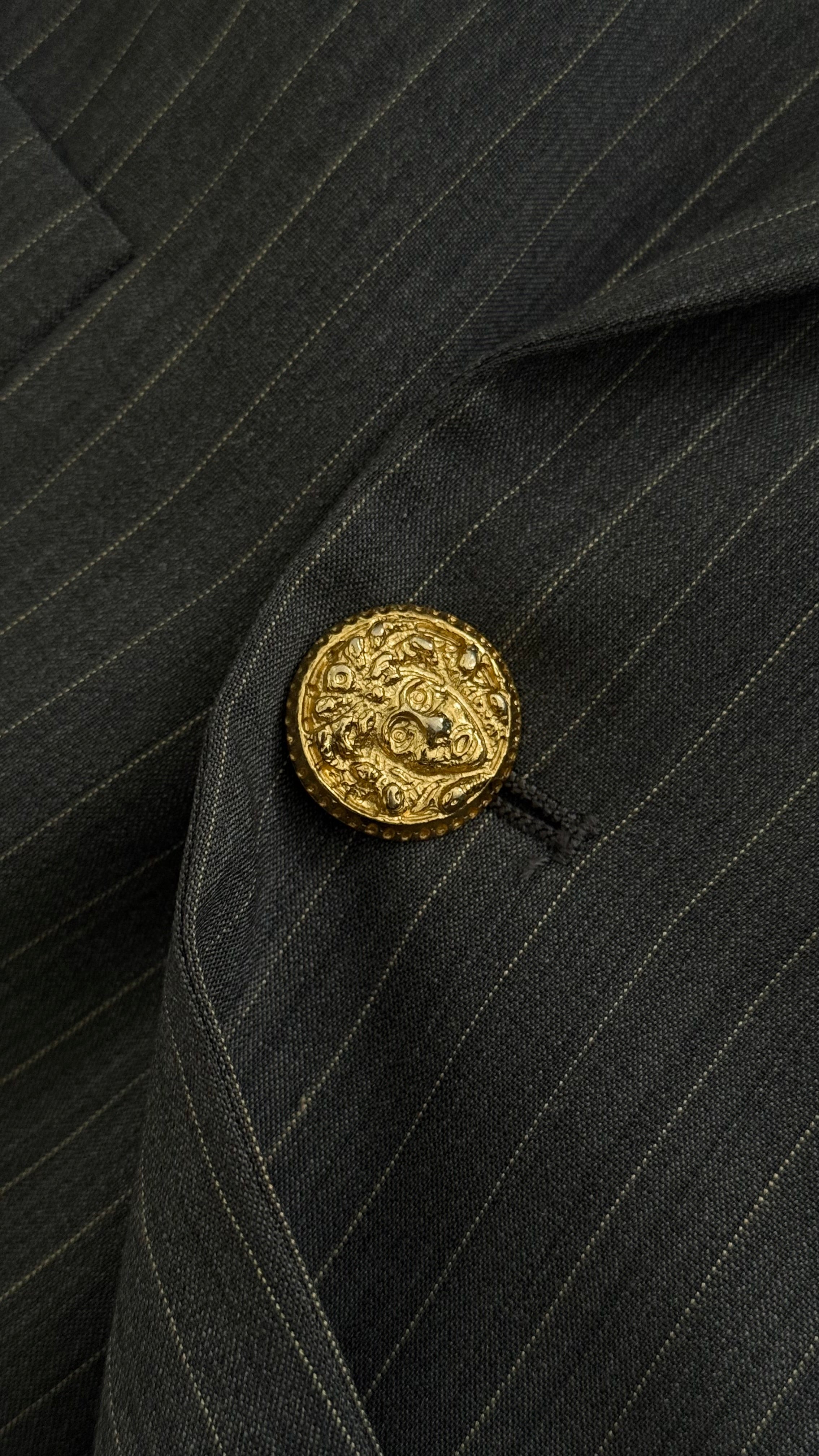 Versace 1980s Peaked Lapel Double Breasted Medusa Metal Button Triple Pleat Striped Wool Suit - Size S Jacket / 30" Waist