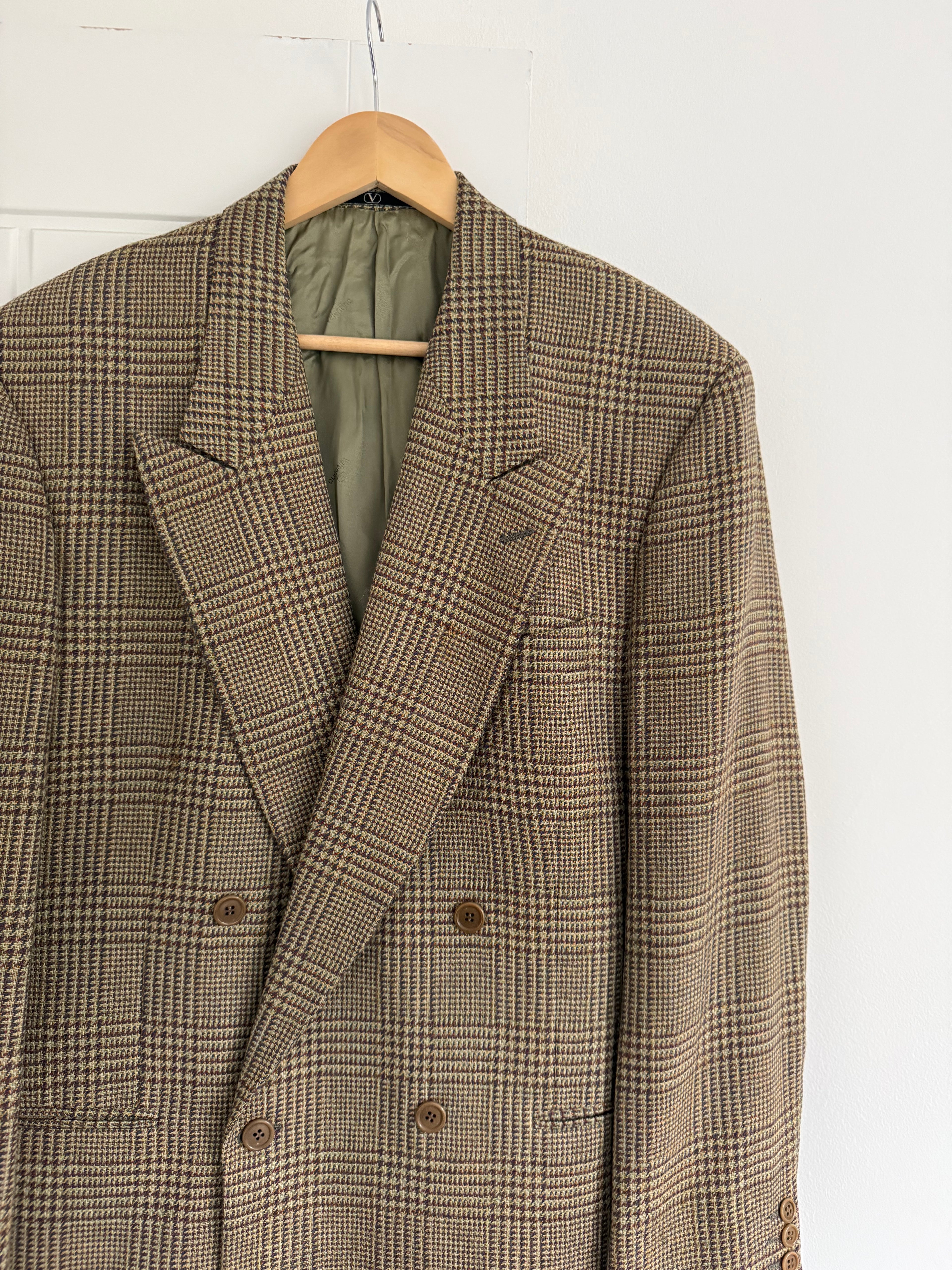 Valentino 1980s Peaked Lapel Double Breasted Textured Wool Sports Blazer Jacket - Size L