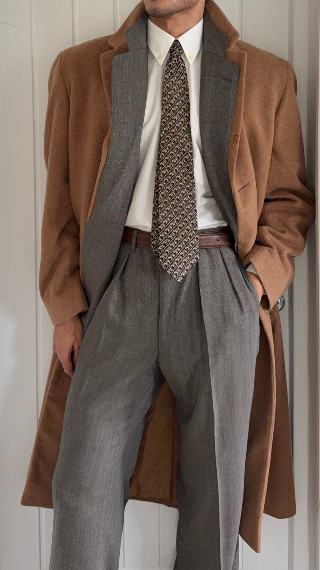 Hugo Boss 1980s Camel Brown Long Wool Overcoat Made in Italy - Size L