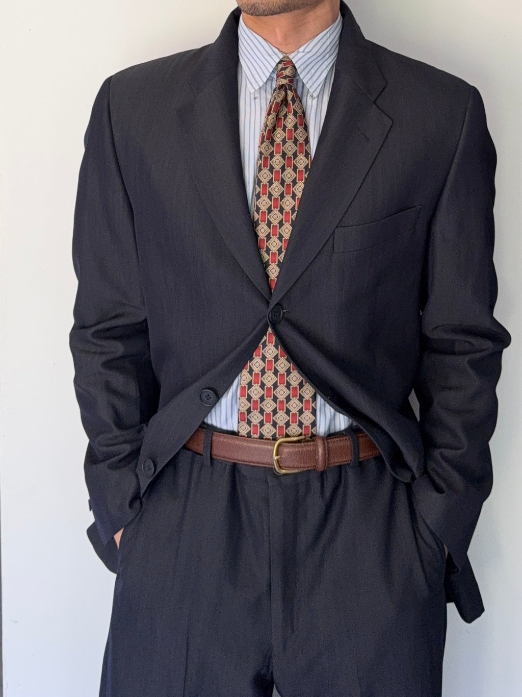 Emporio Armani 1990s 3B Wool Blend Draped Heathered Blue Suit - Size M Jacket / 32" Waist