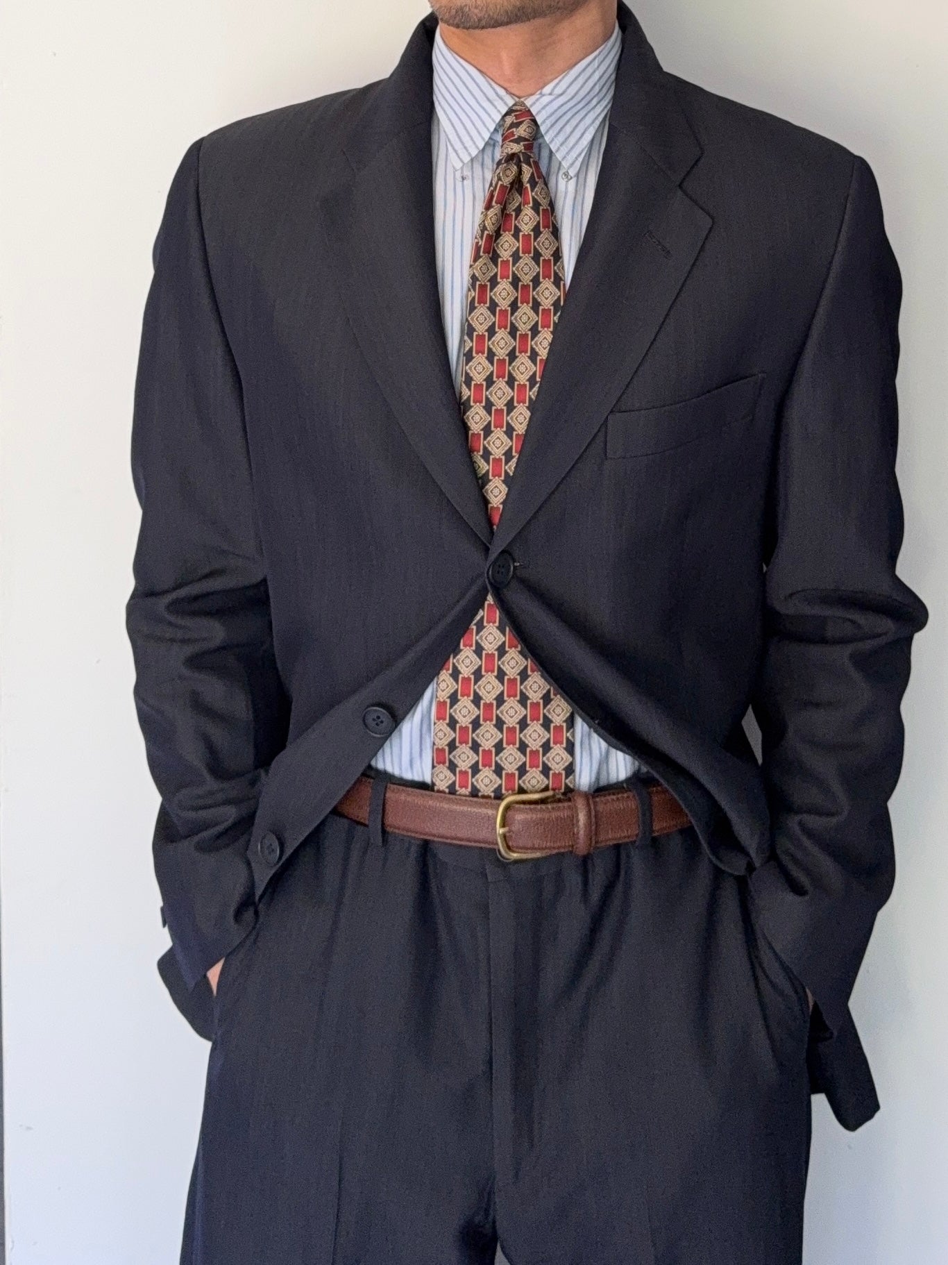 Emporio Armani 1990s 3B Wool Blend Draped Heathered Blue Suit - Size M Jacket / 32" Waist