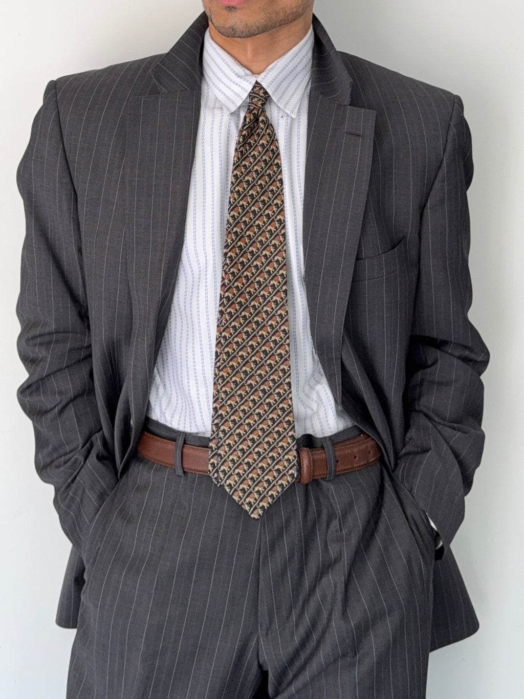 Hugo Boss 1990s 'Reno' Pinstriped 2B Lightweight Wool Grey Suit - Size XXL Jacket / 38" Waist