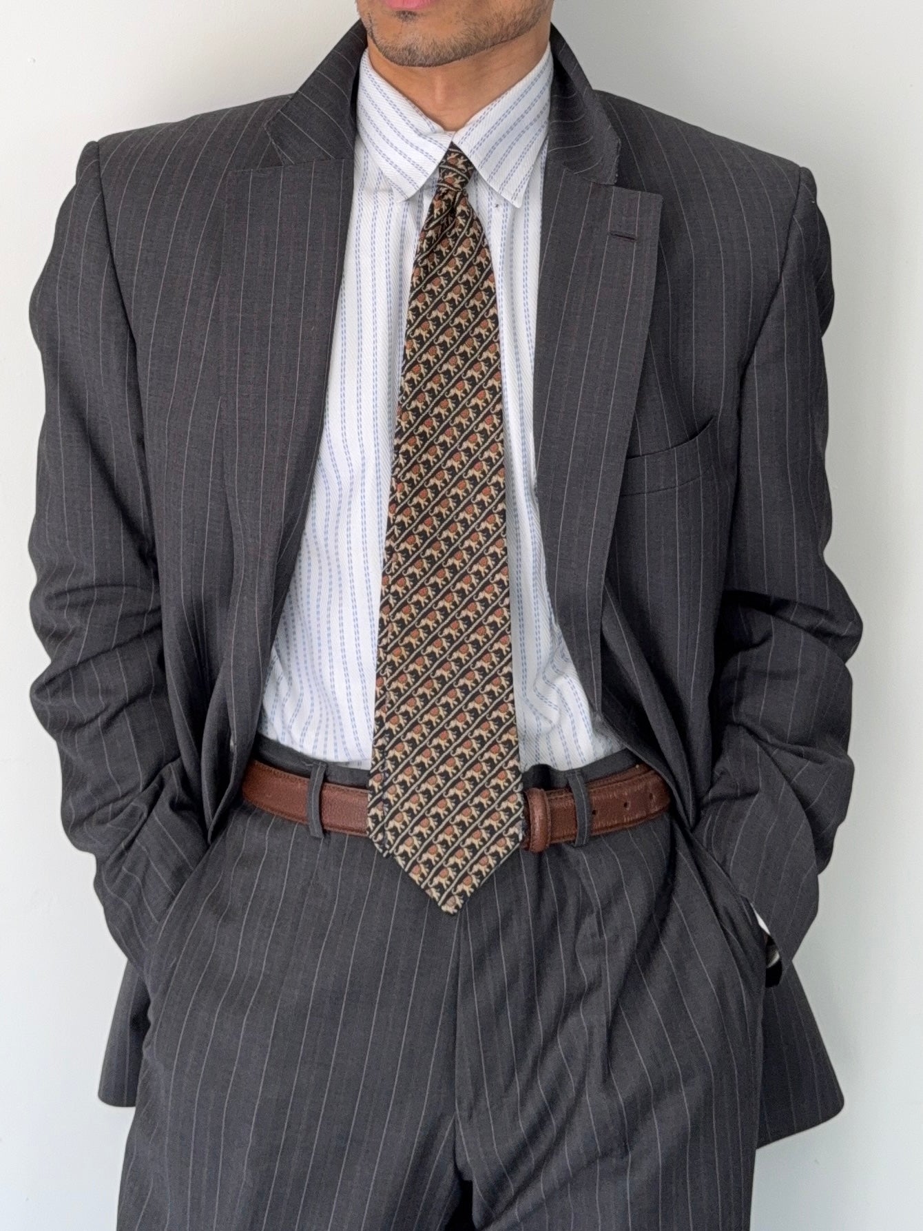 Hugo Boss 1990s 'Reno' Pinstriped 2B Lightweight Wool Grey Suit - Size XXL Jacket / 38" Waist