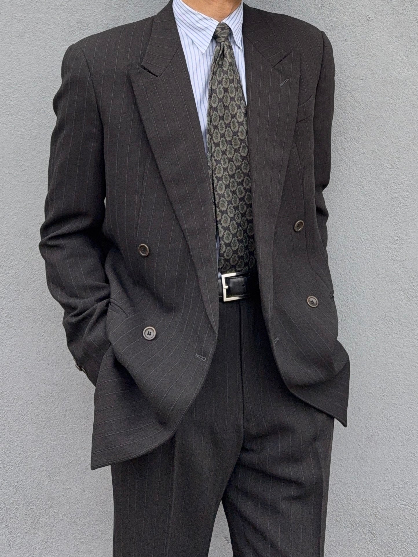 Armani 1990s Double Breasted Pleated Wool Striped Suit - Size M Jacket / 32" Waist