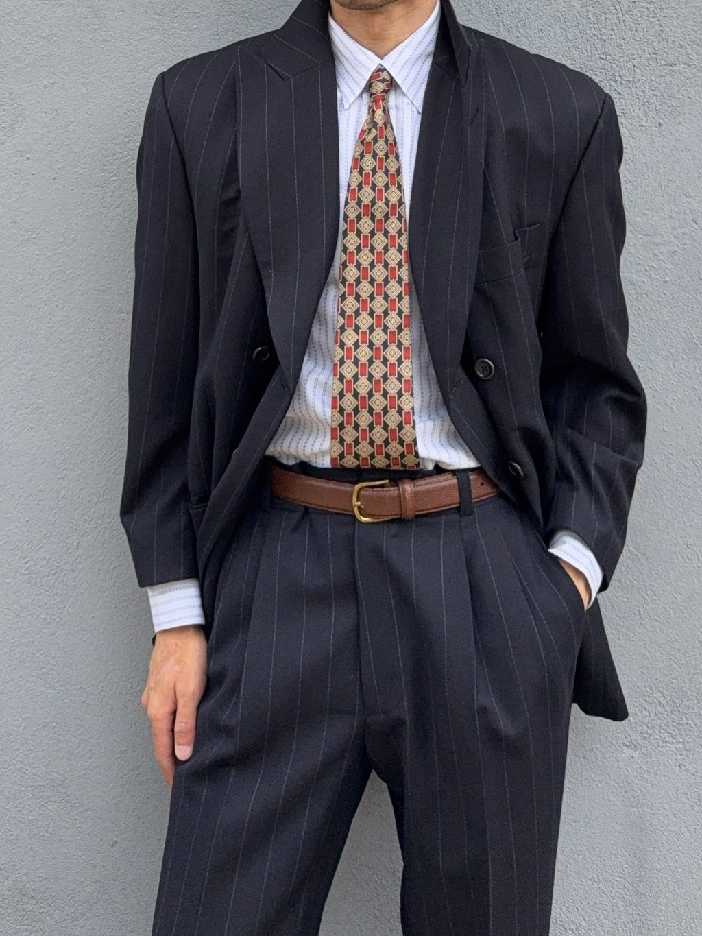 Hugo Boss 1990s 'Nostalgia' 6B Double Breasted Pleated Striped Wool Navy Suit - Size M Jacket / 32" Waist