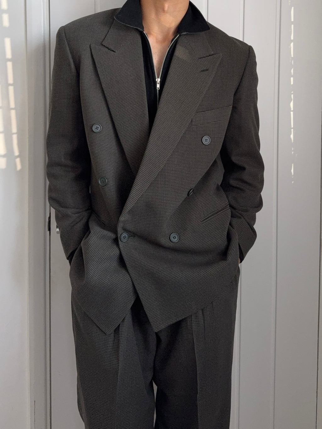 Giorgio Armani 1980s Double-Breasted Pleated Textured Wool Suit - Size L Jacket / 34" Waist