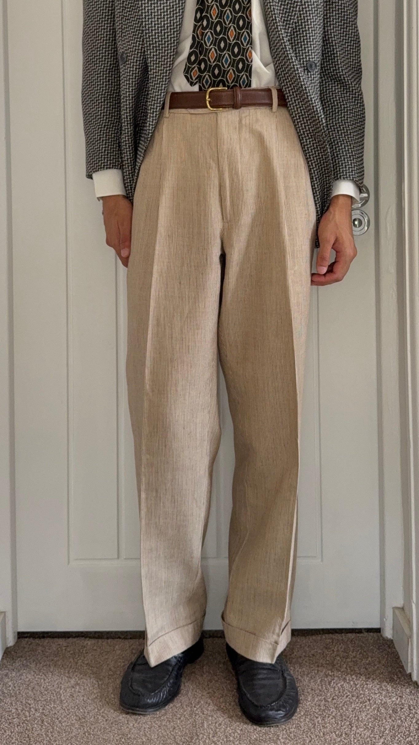 Brooks Brothers 1990s Pleated Wool Silk Linen Seersucker Beige Pants - Size 34" Waist