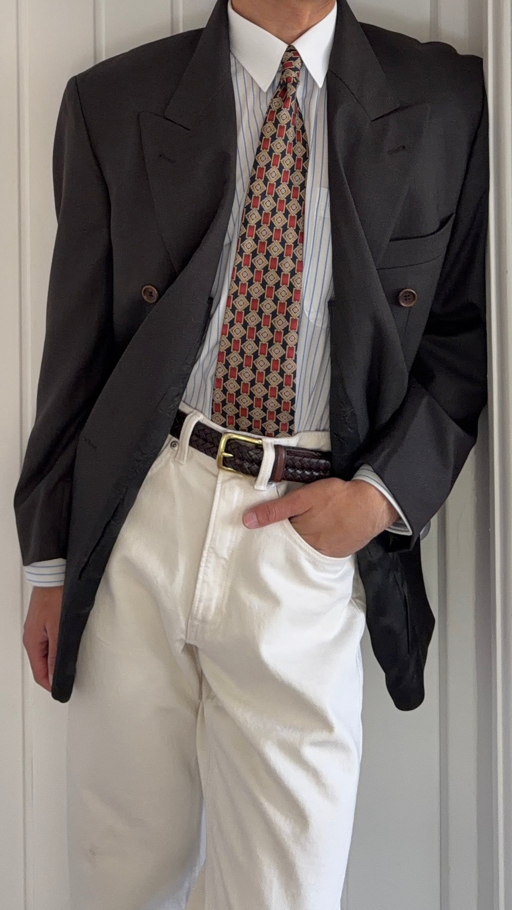 Hugo Boss 1980s Super 100s Peaked Lapel Double Breasted Wool Taupe Brown Sport Jacket Blazer - Size L