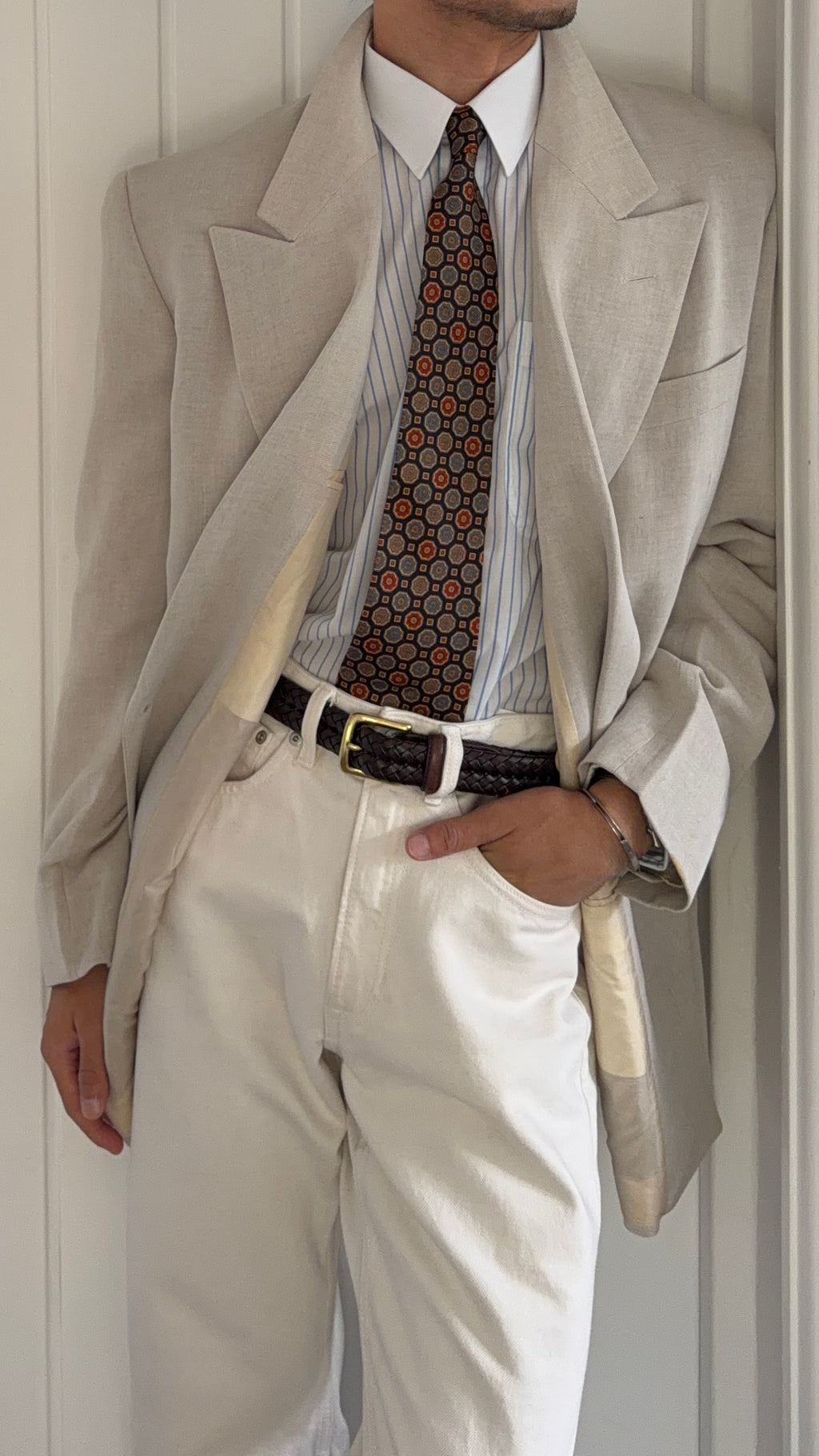 Giorgio Armani Black Label 1994 Peaked Lapel Double Breasted Rayon Linen Sport Jacket Blazer Mushroom Taupe - Size XXL